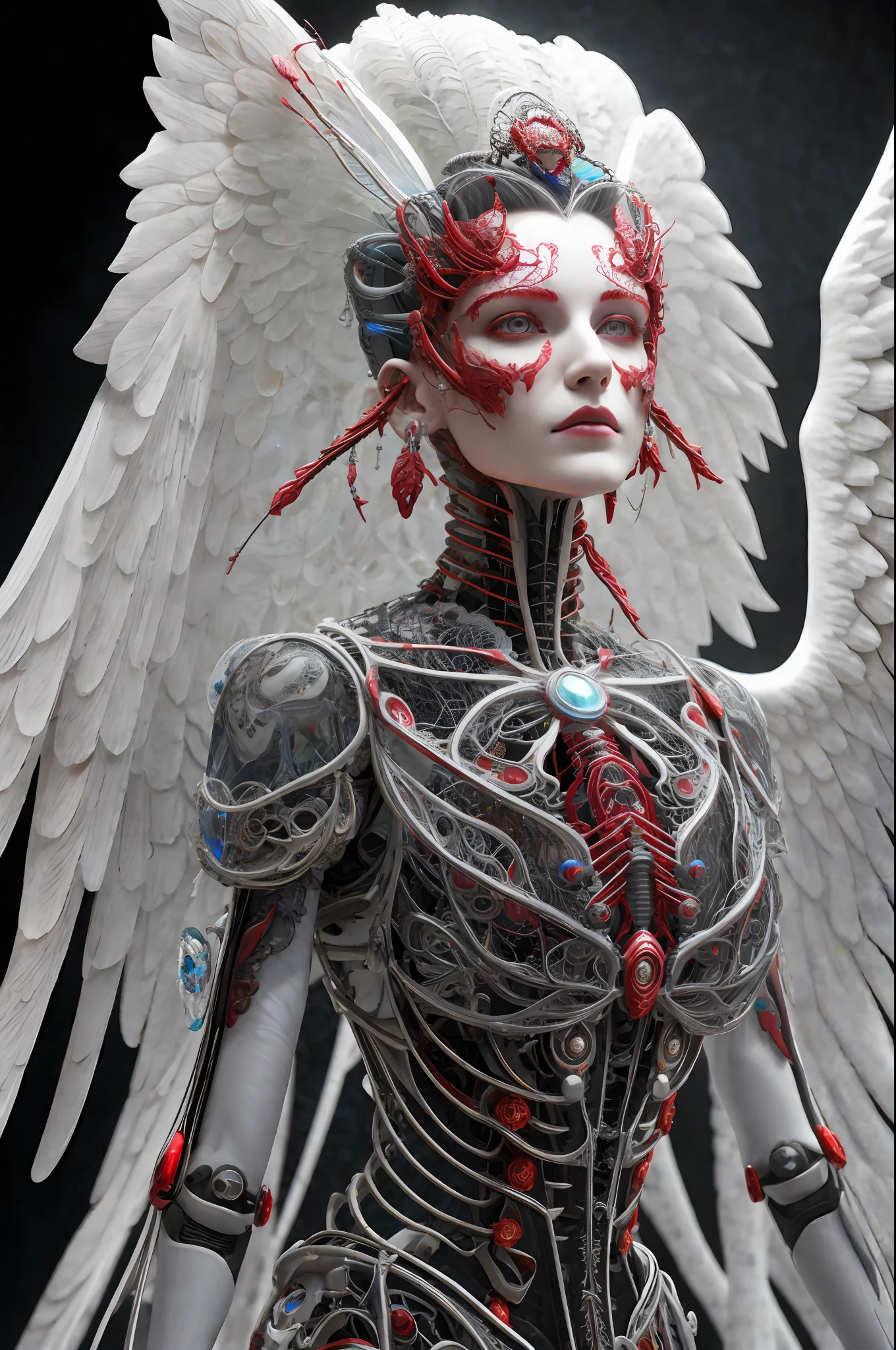Intricate 3d rendering ultra-detailed beautiful angel of death, biomechanical robot, simulated 150mm lens, beautiful natural soft edge light, neon veins, roots, delicate leaf lace, colorful details, Boris Bidjan Saberi costume, pearl earrings, piercings, art nouveau fashion embroidery, intricate details, mesh lines, Mandelbrot fractals, facial muscles, cables, microchips, villains, surreal, ultra-detailed, octane, volumetric lighting, 8k and post-production, red The white has a little bit of black, Metal Skeleton Details, Half-Human, Iridescent, Glenn Brown Style, Futuristic Room, Power of God, High Angle Shot, Complex Body Poses