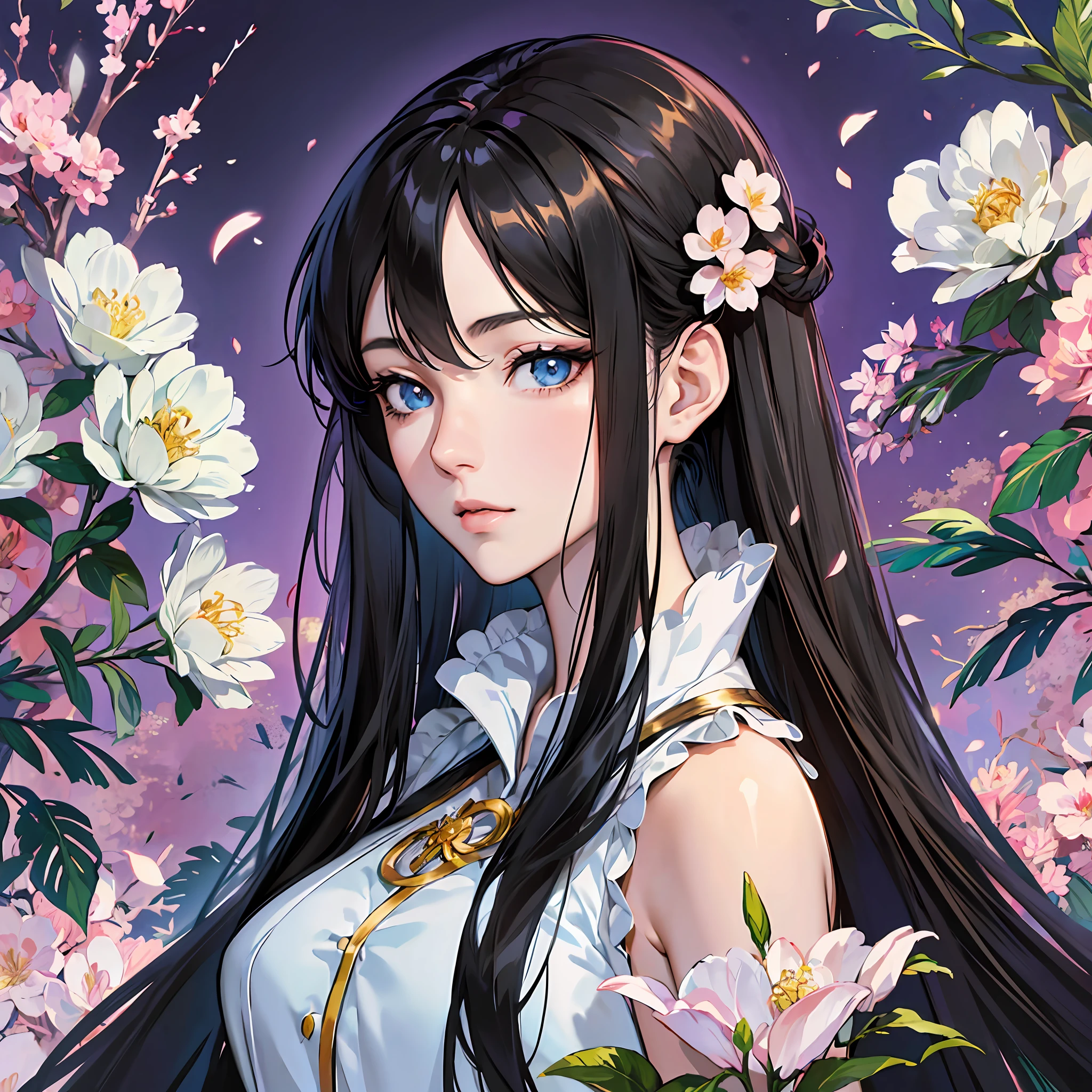 An anime girl with long black hair and blue eyes, graceful figure, beautiful anime portrait, anime style 8K, beautiful anime girl, anime art wallpaper 8 K, beautiful anime artwork, flowers around her, super delicate, in line with common sense --auto --s2