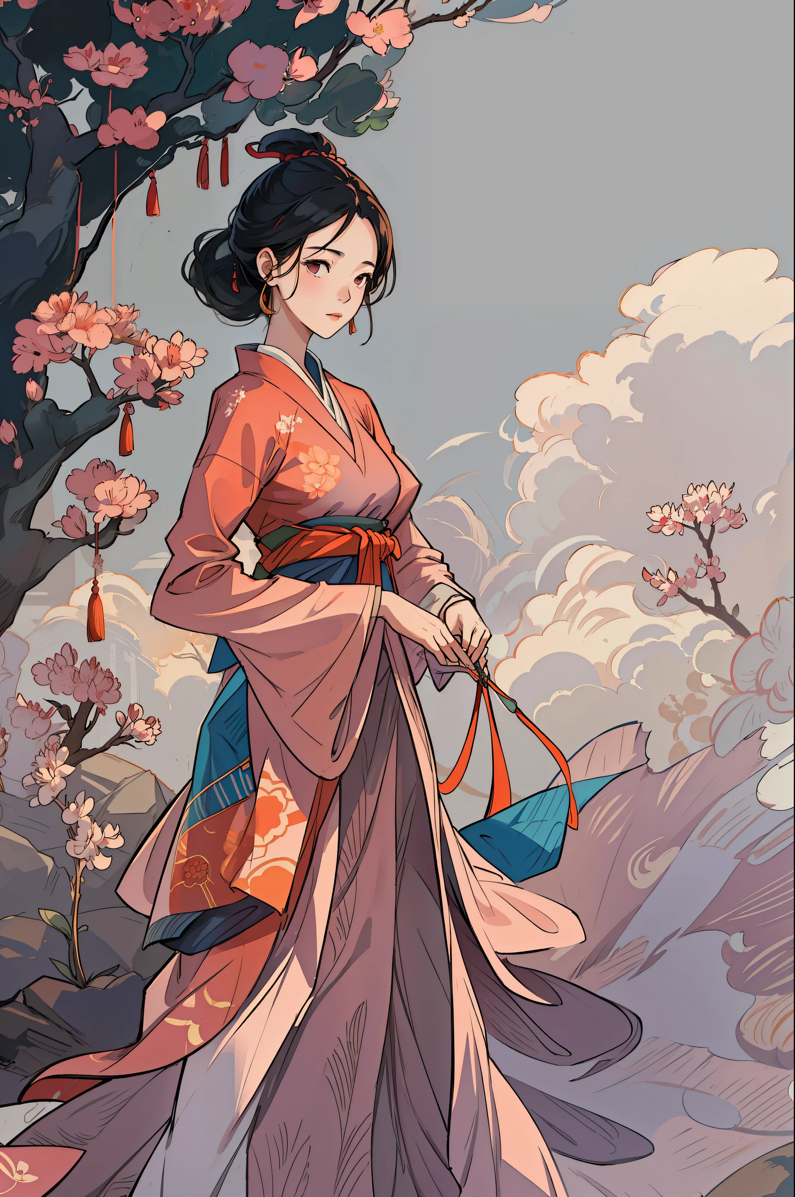 A beautiful girl in ancient China, dignified temperament, flowing long skirt, huge crape myrtle, standing in the sun, clear face, masterpiece, super detailed, epic composition, high quality, highest quality, 4k --v 6