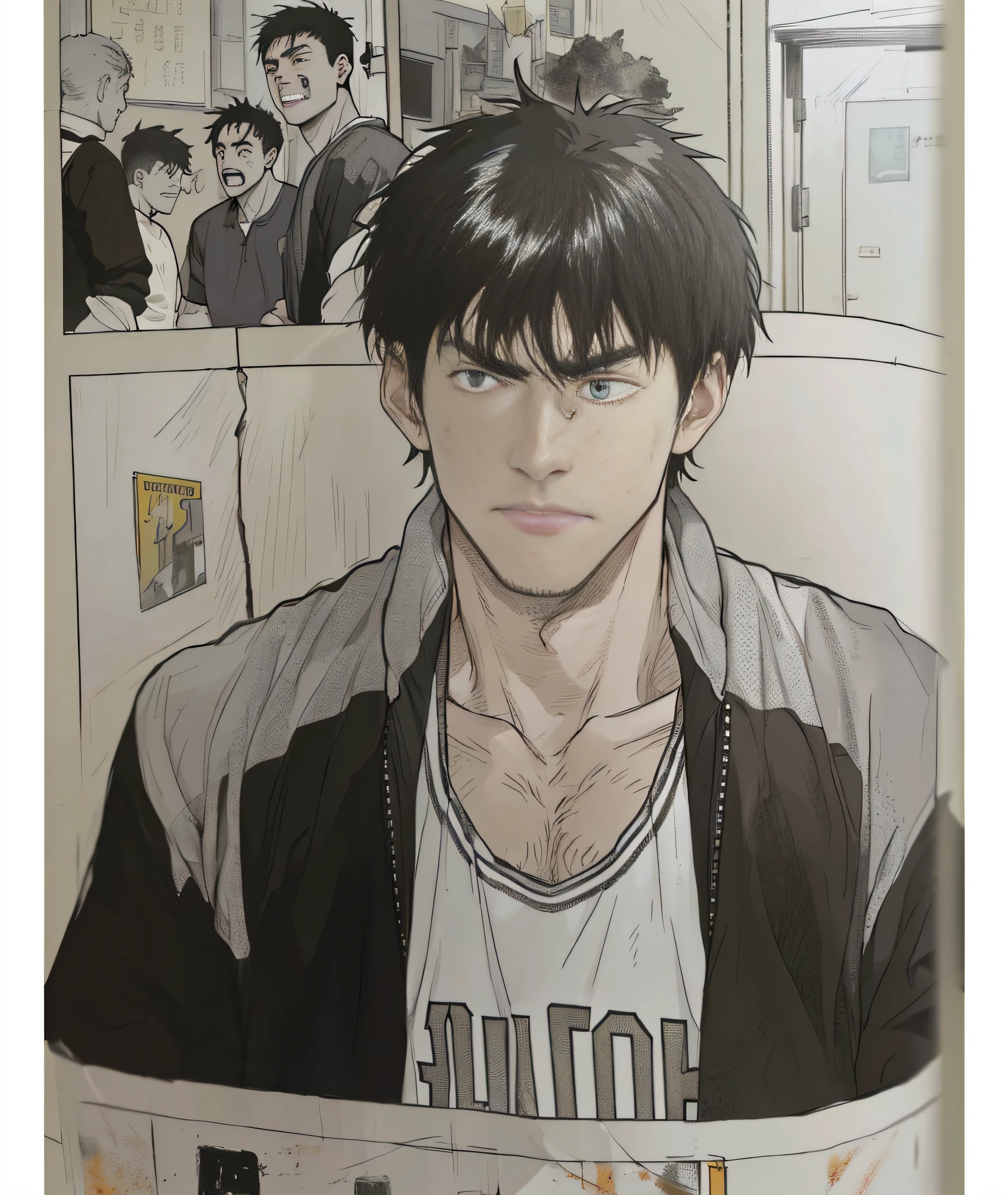Man in jersey, scene of slam dunk, man with black broken hair, injured right eye and can't open, masterpiece, masterpiece, perfect composition, celluloid style