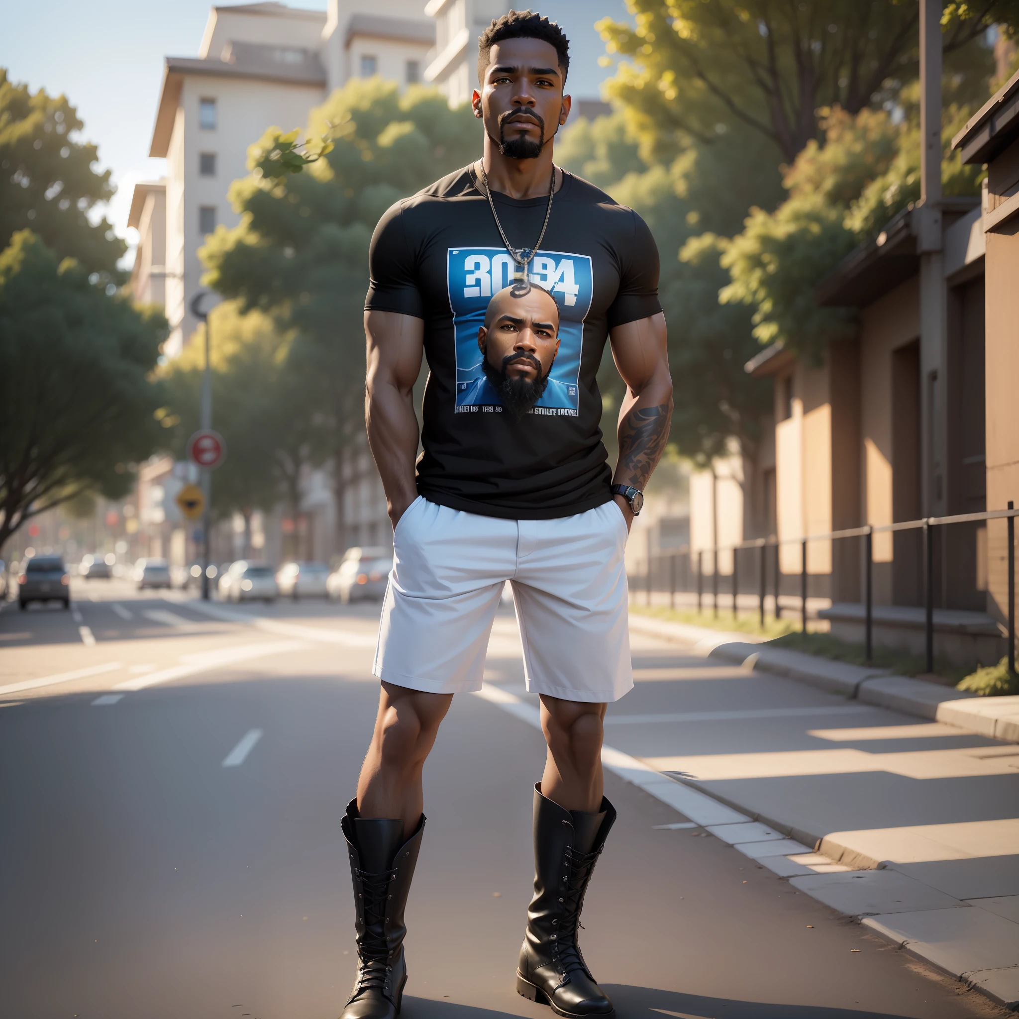 ((3D, best quality: 1.3)), ultra-detailed, SK, ((((solo))), full body, (standing) (((1man of 45 years))) ((African American)), wearing casual, Hip Hop fashion, white T-shirt, (((boot))), (((short black hair)))), (well-defined symmetrical face ((with stylo beard)), bad expression), autumn, summer, warm and soft dark luminosity, motion blur, magnificent blue sky,