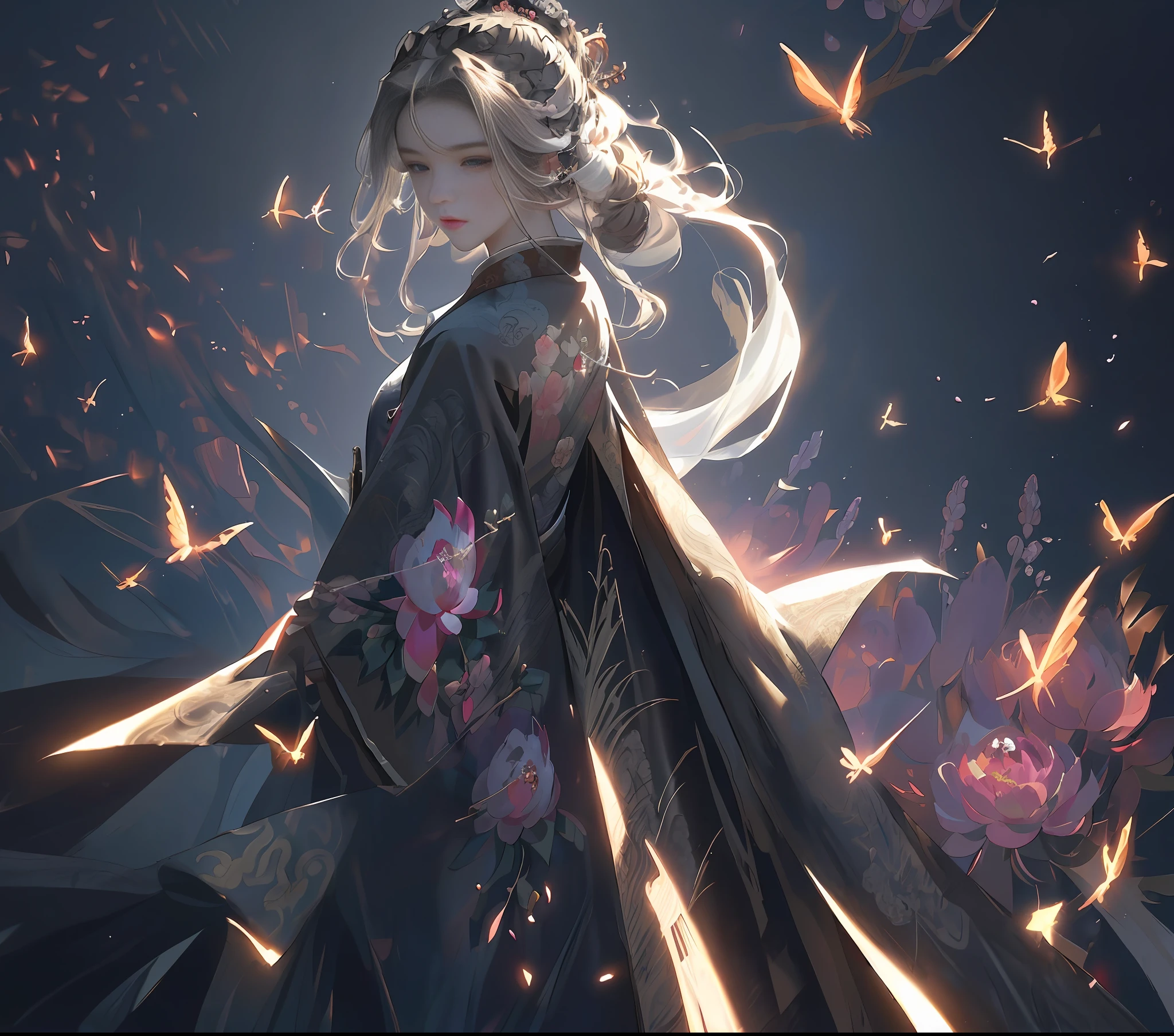 Best quality, masterpiece, most of the body, (background: garden), (1 girl, mature woman), (chinoiserie, ancient Chinese, sister, dancer, dark brown hair, dark hair, princess cut, twisted braid, curly hair, double ball head, coiled hair, streamer, pale pink lips, calm, intellectual, purple eyes, tassels, silver thread, beading, peony flowers, robe, cloak, silk skirt, embroidery, delicate face), close-up, light-colored clothes, pretty face, realistic, edge lighting, two-tone lighting, ( High Detail Skin: 1.2), 8k UHD, SLR, Soft Light, High Quality, Photo, High Resolution, 4K, 8K, Guvez style artwork, Yang J, Qu Leilei, Li Song, Authors: Song Xu, Yang Jin, Zhong Fenghua, Gu Viz, Fan Qi, Shi Tao