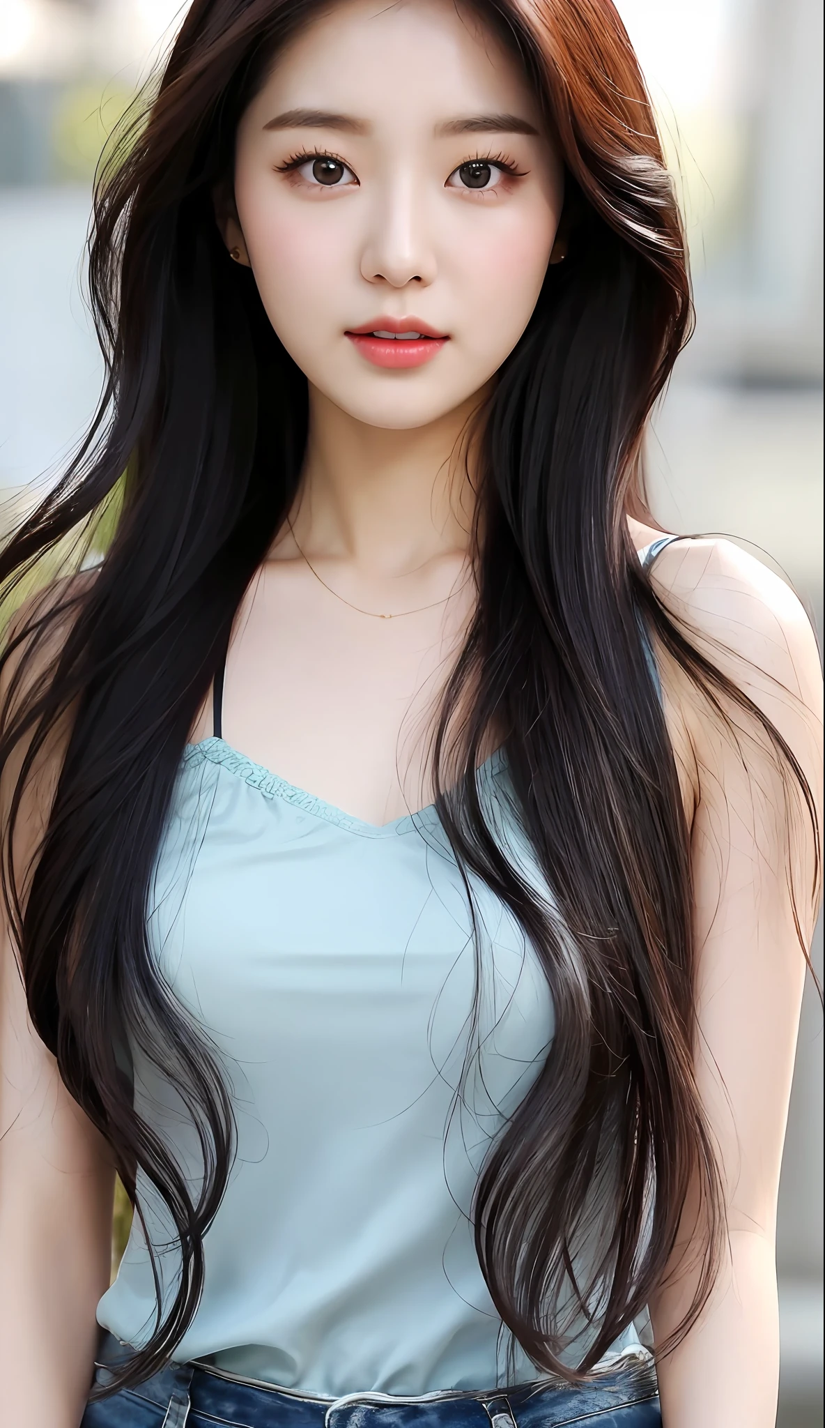 a close up of a woman with medium hair wearing a camisole, beautiful south korean woman, gorgeous young korean woman, beautiful young korean woman, korean girl, asian,  korean woman, jaeyeon nam, beautiful asian girl, young adorable korean face, ulzzang, girl cute-fine-face, portrait of female korean idol, very beautiful girl, at riverside