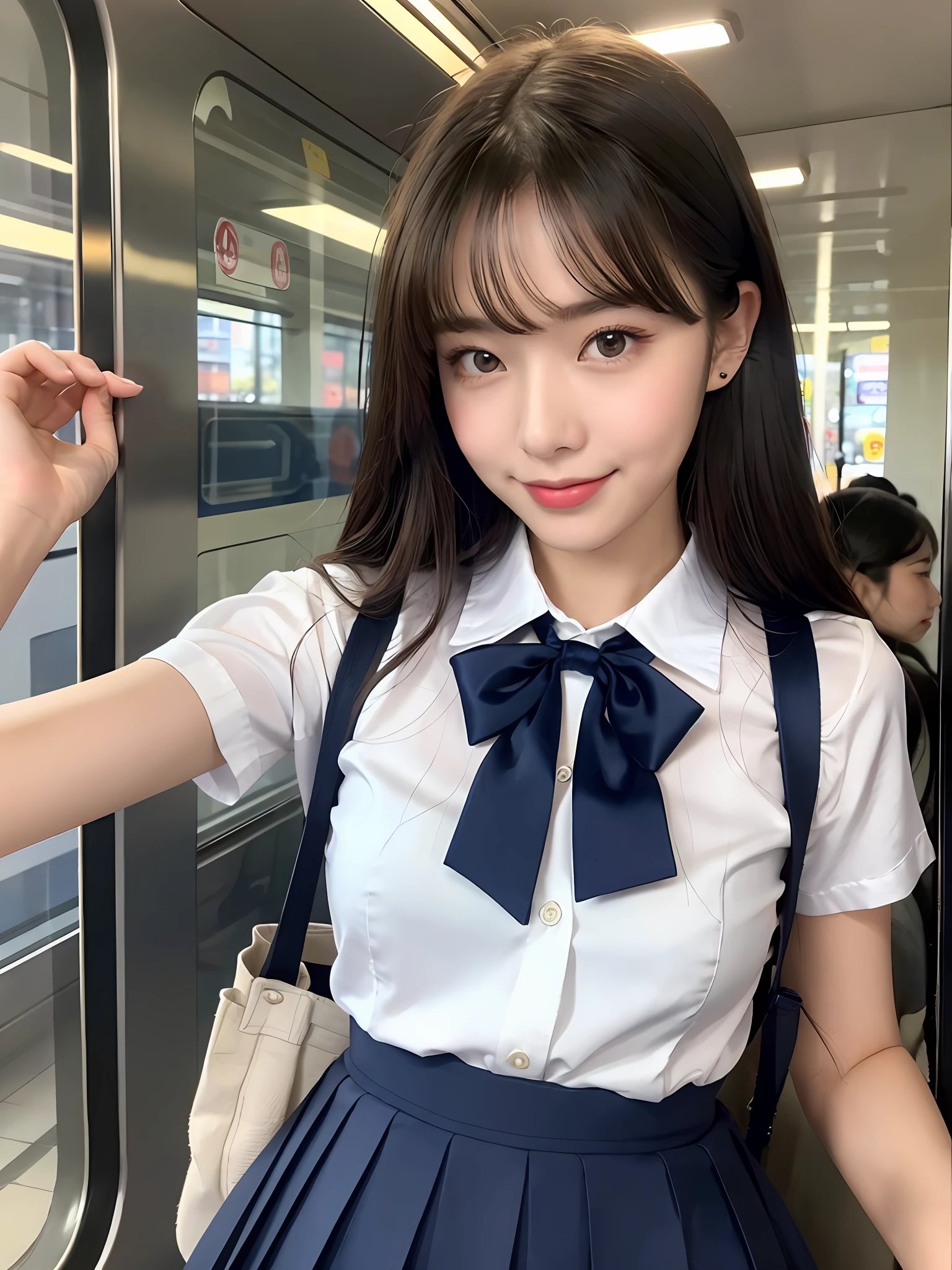 masterpiece, upper body shot, front view, sunset, 1 woman per 1 photo, a Japanese young pretty woman, hyper pretty face, 18 years old, staring at a city view on the train while carrying a tote bag on her shoulder, big smile, glamorous figure, wearing a short sleeves silky white collared shirt with shiny satin red plain bow tie, wearing a navy blue pleated long skirt, glossy lips, double eyelids in both eyes, natural makeup, long eyelashes, shiny smooth light brown hair of medium length, asymmetrical bangs, tanned skin, wearing a dark blue pleated skirt, head in the frame, central image, 8K resolution, high detail, detailed hairstyle, Detailed Face, spectacular cinematic lighting, octane rendering, vibrant, hyper realistic, perfect limbs, perfect anatomy