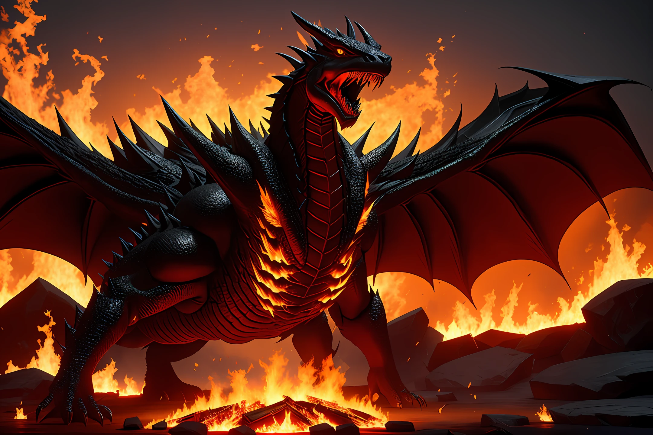 An evil black colossal dragon from D&D, surrounded by flames, 8K