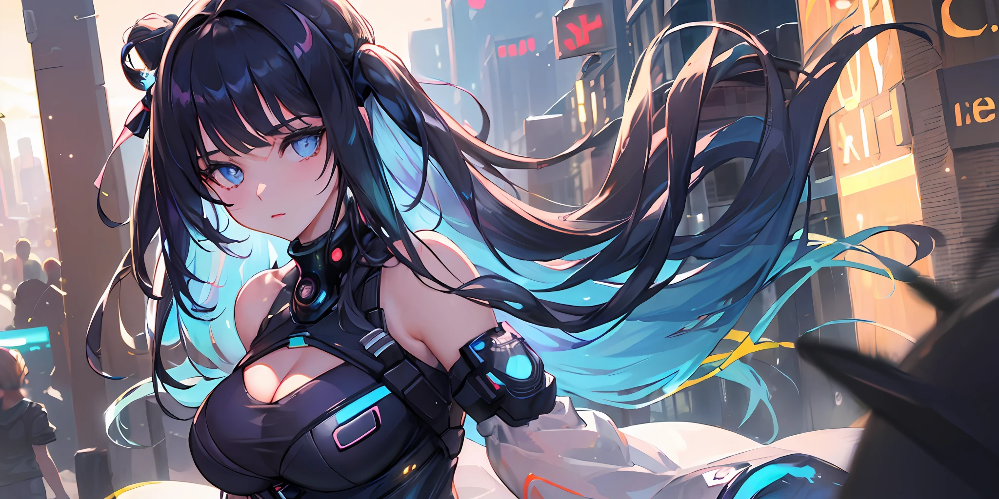 (masterpiece:1.5),(best quality:1.5),(ultra-detailed:1.5),illustration,(1girl:1.5),(solo:1.5), cyberpunk 2077,cityscape,concept art,nightcity,anime,lora,cowboy shot,perfect face,lustrous skin,long hair,beautiful detailed eyes,beautiful flowing hair,(holographic),(holographic clothing:1.2),(bloom),lighting, ray tracing,outdoors,neon lights, light particles,absurdism,hair ornament, hair ribbon,looking at viewer,ahoge,large breasts, (deep depth of field:1.5),