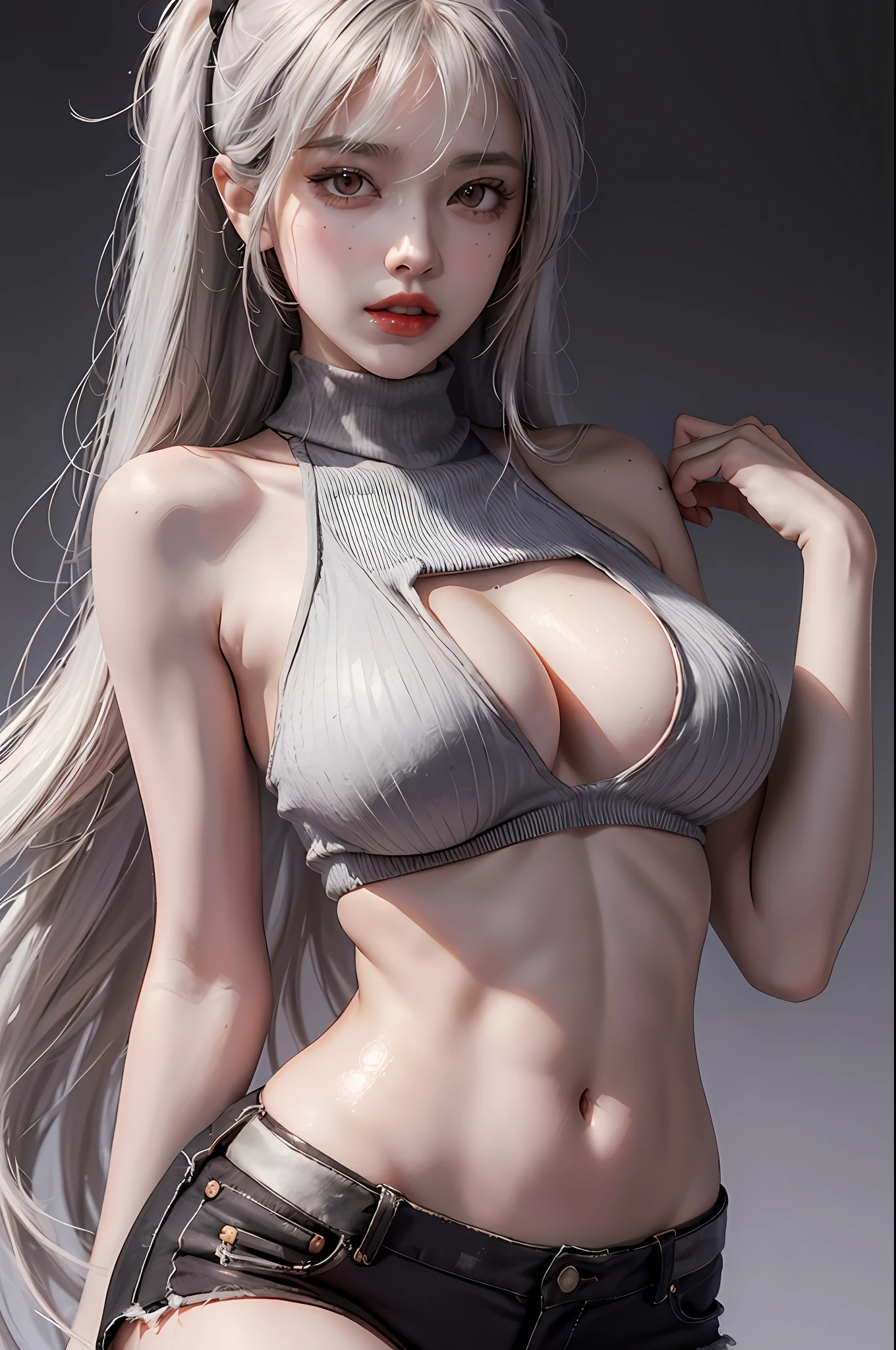 girl, bangs, bare shoulders, black pants, breasts, breasts squeezed together, gray background, hair between eyes, long hair, view viewer, pants, parted lips, red eyes, shirt, simple background, sleeveless, sleeveless shirt, solo, turtleneck sweater, V-arms, gray hair, (shiny skin), (masterpiece: 1.4), (best quality: 1.4), ,,, Facigirl, red lips, perfect abs, navel, (:1.5), (transparent areola), , huge, sweaty, slim, Perfect proportions, beast.