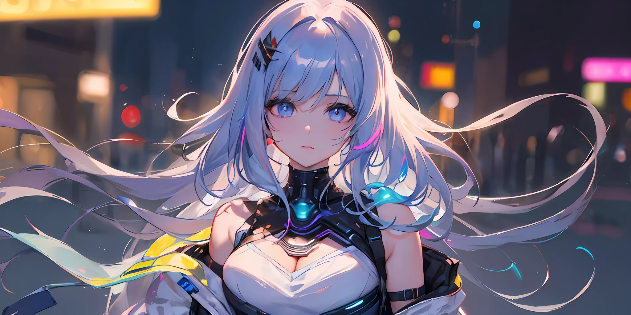(masterpiece:1.5),(best quality:1.5),(ultra-detailed:1.5),illustration,(1girl:1.5),(solo:1.5), cyberpunk 2077,cityscape,concept art,nightcity,anime,lora,cowboy shot,perfect face,lustrous skin,long hair,beautiful detailed eyes,beautiful flowing hair,(holographic),(holographic clothing:1.2),(bloom),lighting, ray tracing,outdoors,neon lights, light particles,absurdism,hair ornament, hair ribbon,looking at viewer,ahoge,large breasts, (deep depth of field:1.5),