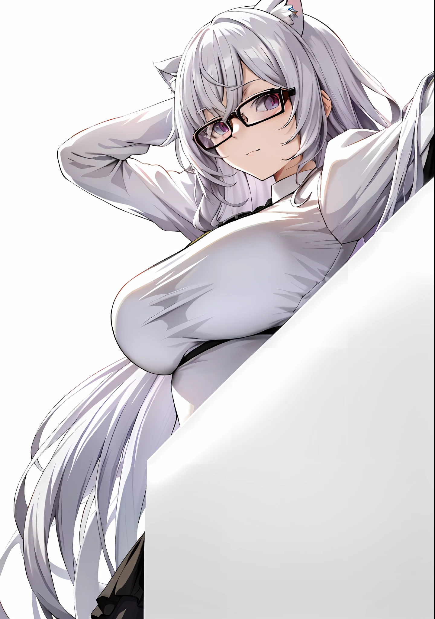 A woman wearing glasses poses for a photo. She transforms into a white cat lady, and the whole presents a detailed character art style. She shows gestures in the picture with flexible finger movements. She has straight white hair, giving the impression of being long and straight. She poses very sexy and creates a sense of fashion. The whole design is simple and clean, which is very in line with modern aesthetics. She may be streaming, interacting with viewers. In this scene, the color of white occupies a scale of 0.5, adding to the soft atmosphere. The overall atmosphere can be very cute (kawaii). Guweiz, index finger, anime moe art style, seductive anime girl, long hair anime girl, (anime girl), beautiful anime cat girl, white cat girl, anime vision with glasses, cute girl, anime best girl, anime girl, no text on the picture to keep it simple.