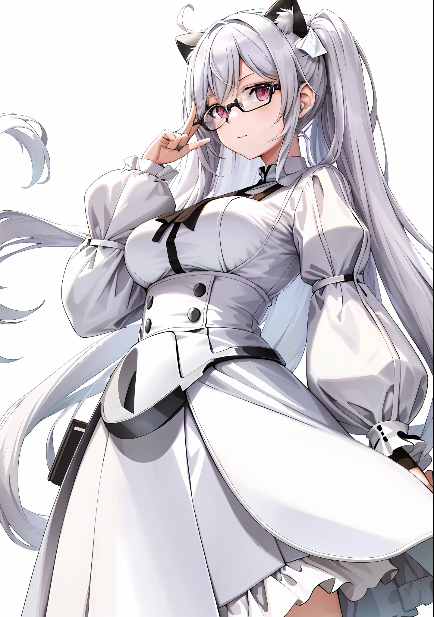 A woman wearing glasses poses for a photo. She transforms into a white cat lady, and the whole presents a detailed character art style. She shows gestures in the picture with flexible finger movements. She has straight white hair, giving the impression of being long and straight. She poses very sexy and creates a sense of fashion. The whole design is simple and clean, which is very in line with modern aesthetics. She may be streaming, interacting with viewers. In this scene, the color of white occupies a scale of 0.5, adding to the soft atmosphere. The overall atmosphere can be very cute (kawaii). Guweiz, index finger, anime moe art style, seductive anime girl, long hair anime girl, (anime girl), beautiful anime cat girl, white cat girl, anime vision with glasses, cute girl, anime best girl, anime girl, no text on the picture to keep it simple.