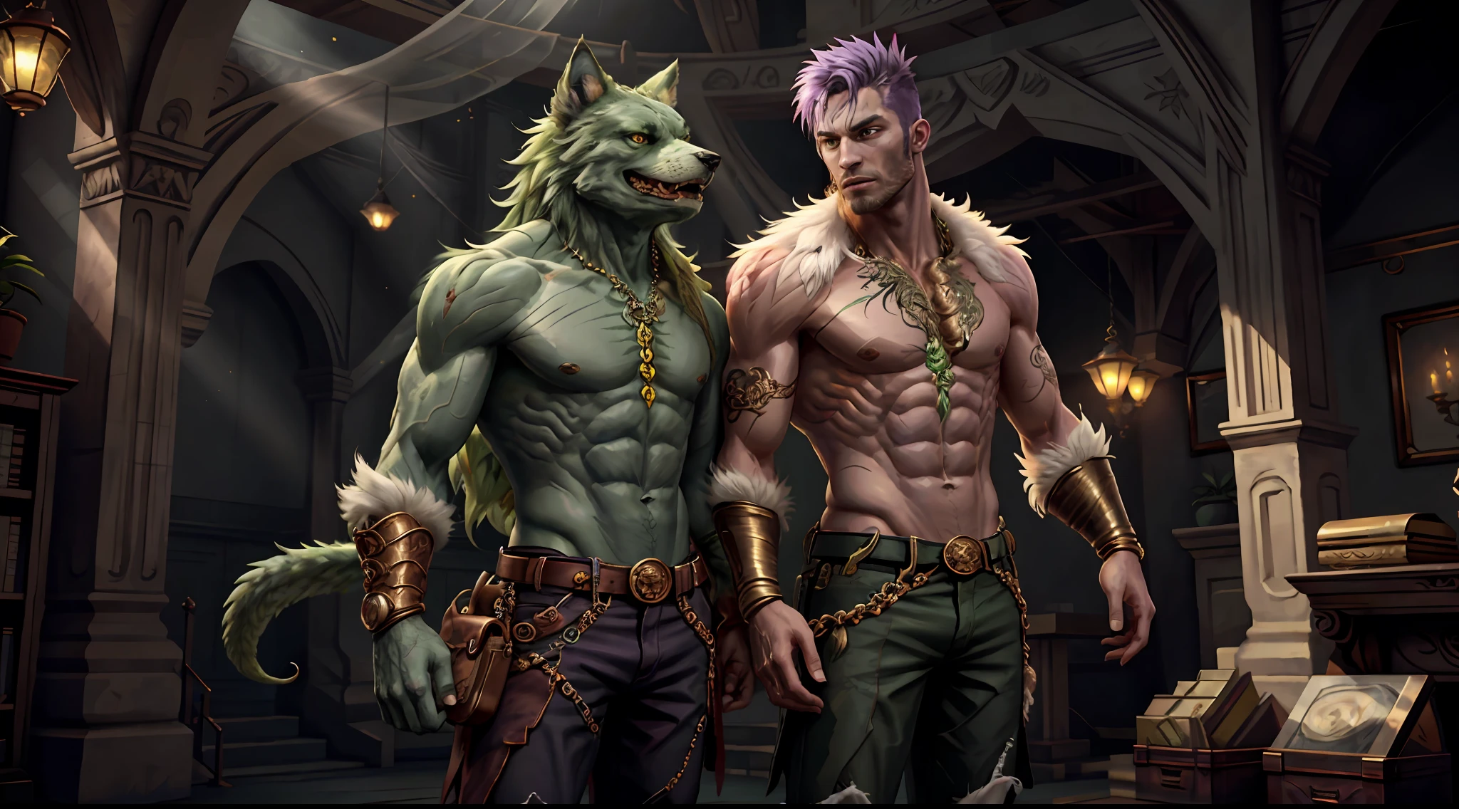 Concept Art, "1 Couple, Handsome Boy", an ultra-detailed and stunningly beautiful CG illustration depicting a sultry green man-wolf with purple hair, sharp green eyes, standing tall in shorts. Gorgeous green fur and yellow dotted on the belly, tail and fur, this animal-like beauty exudes sensuality in every pose, breathtaking rendering, within radiant connections, multiplayer interaction, magical elements, gorgeous, casting colorful spells, bright flashes,