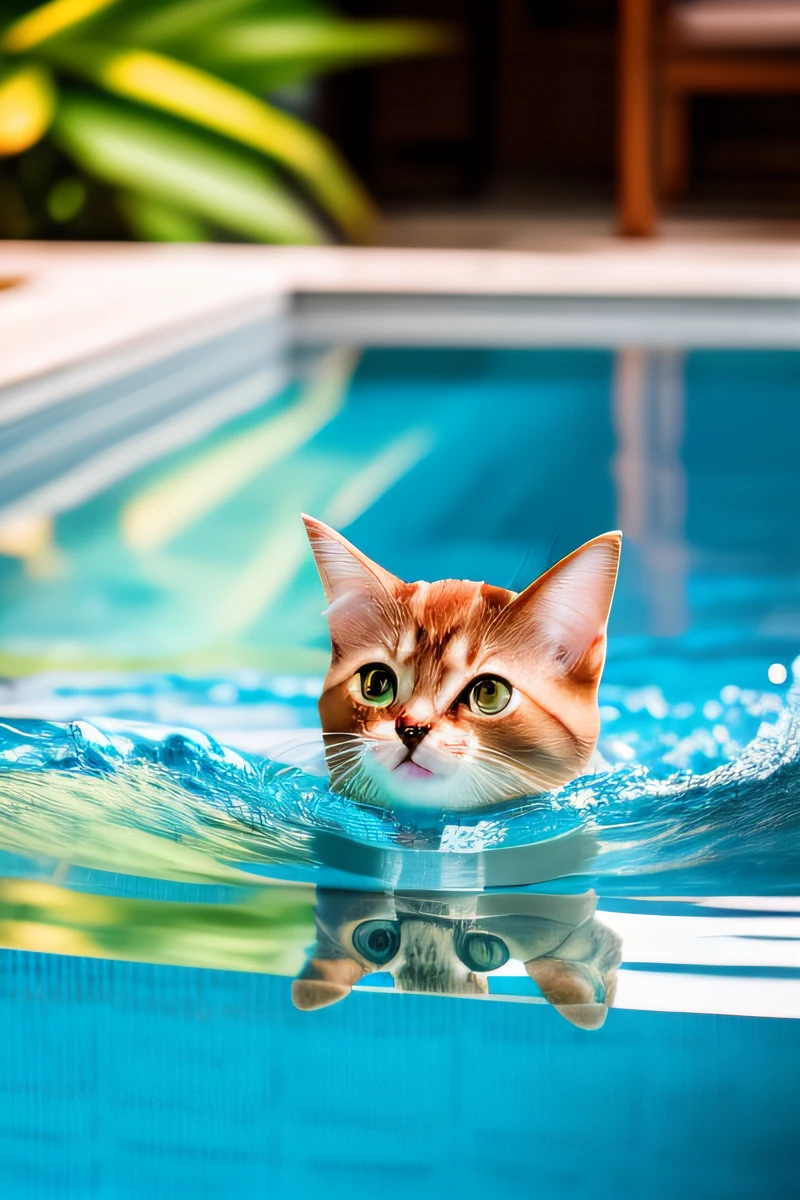 Cute Abyssinian cat kitten, swimming in the pool,eos r3,24mm