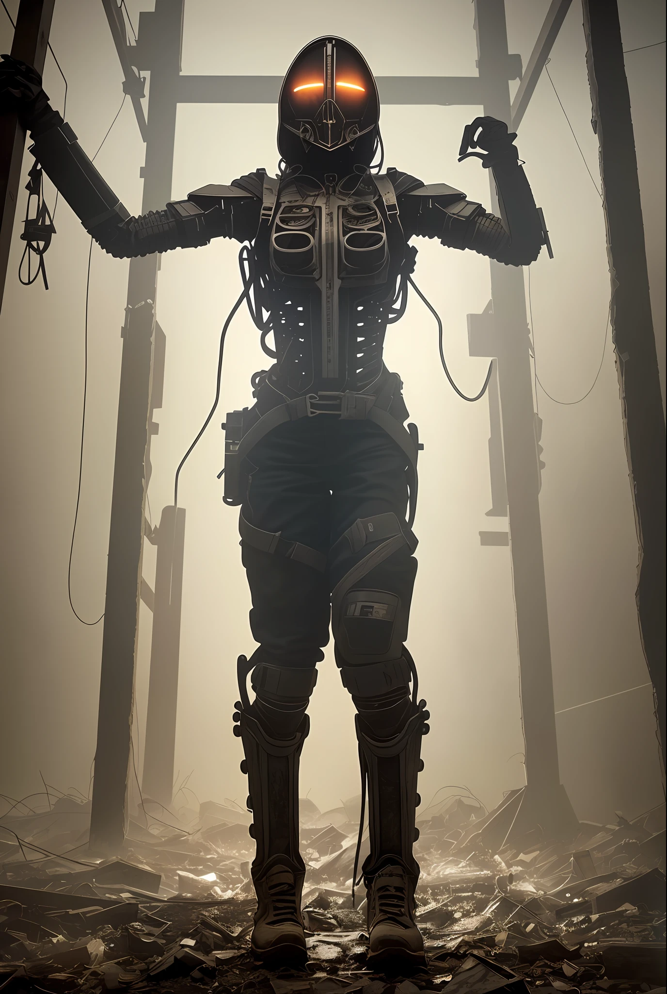 (from_below:1.2), (model shooting style), covered by overalls, (sitting in a narrow narrow greasy cockpit of a post-apocalyptic hydraulic exoskeleton), sunset, garbage, greasy, sweaty, dirty, torn, post-apocalyptic warrior, skull, skeleton, mechanical, exoskeleton, cybertech, 4k, highest quality, grunge aesthetic, grunge texture