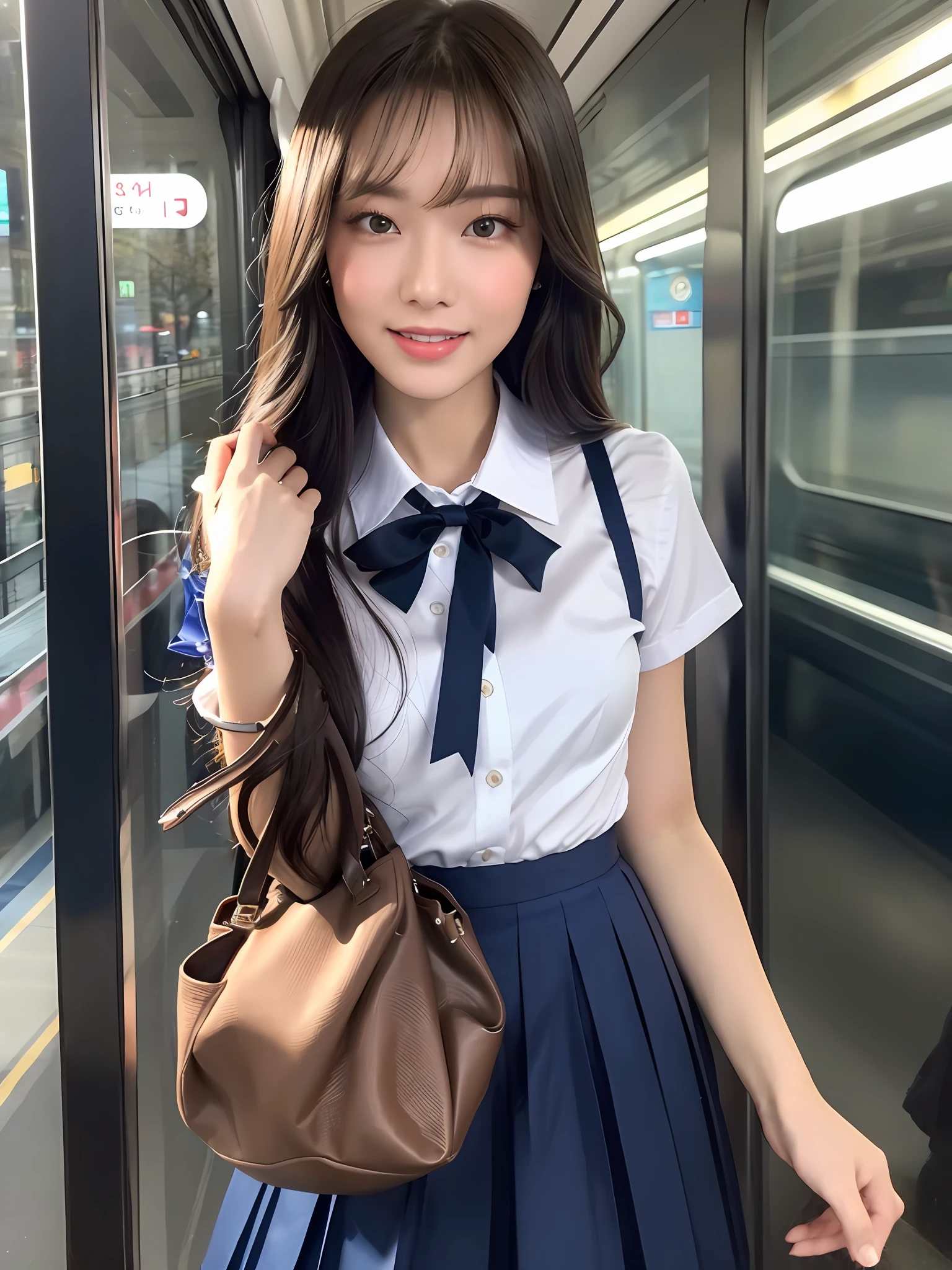 masterpiece, close up shot of a face, front view, 1 woman per 1 photo, a Japanese young pretty woman, hyper pretty face, 18 years old, staring at a city view on the train while carrying a tote bag on her shoulder, big smile, glamorous figure, wearing a short sleeves silky white collared shirt with shiny satin red plain bow tie, wearing a dark blue pleated long skirt, glossy lips, double eyelids in both eyes, natural makeup, long eyelashes, shiny smooth light brown hair of medium length, asymmetrical bangs, tanned skin, wearing a dark blue pleated skirt, head in the frame, central image, 8K resolution, high detail, detailed hairstyle, Detailed Face, spectacular cinematic lighting, octane rendering, vibrant, hyper realistic, perfect limbs, perfect anatomy