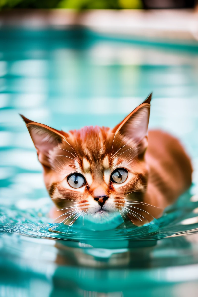 Cute Abyssinian cat kitten, swimming in the pool,eos r3,24mm