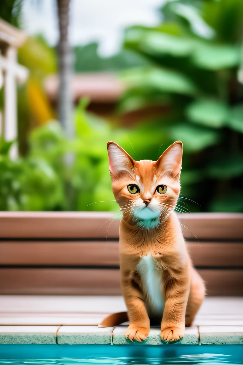 Cute Abyssinian cat kitten, swimming in the pool,eos r3,24mm