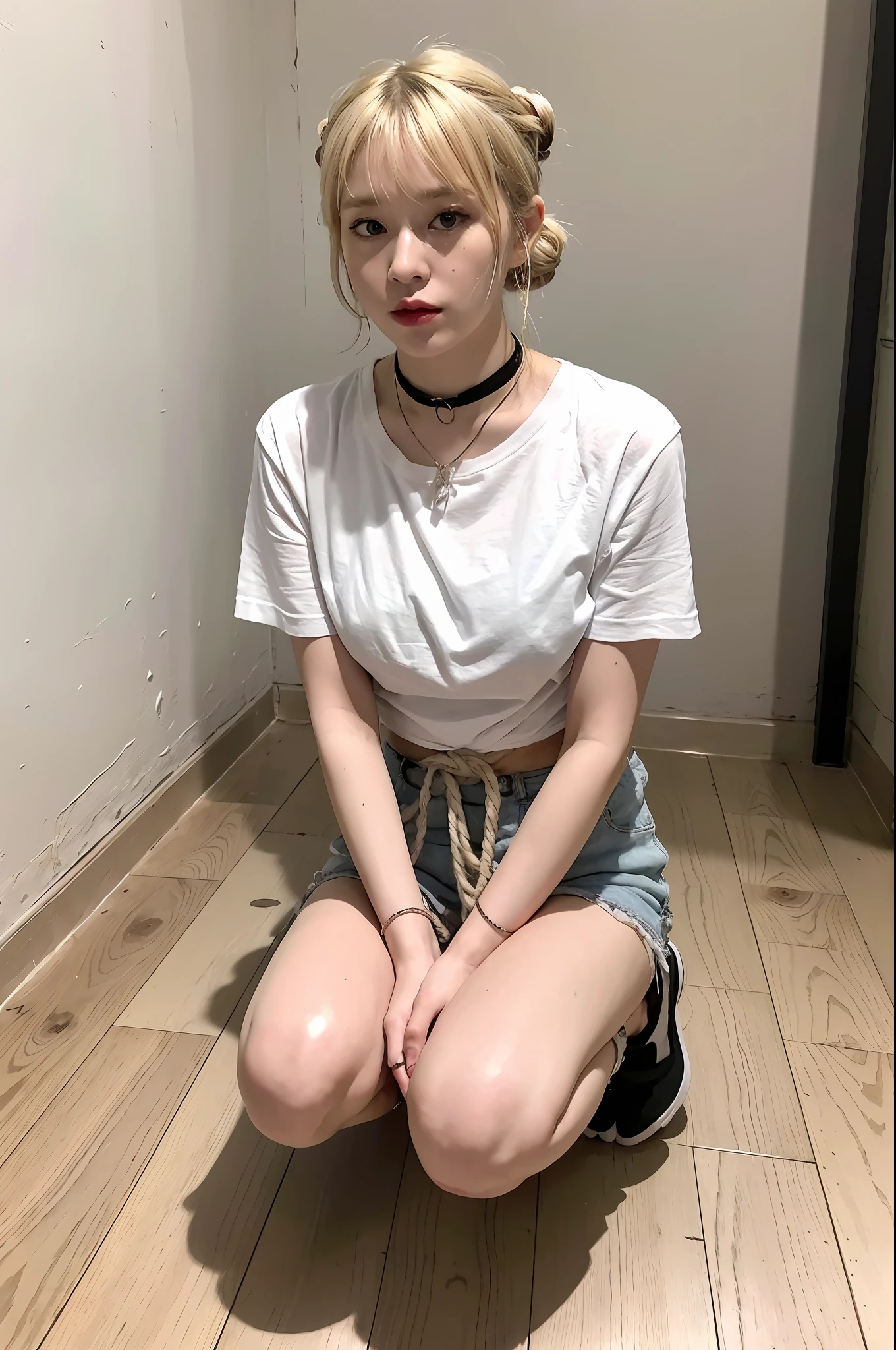 (8k:1.27), best quality, masterpiece, ultra highres:1.2), kidnapped lesbian goth girl with arm tattoos, tattooed girl, full body picture, old black oversized knotted prisoner t-shirt, big t-shirt, short big sleeves, white short sport pants tied with a rope, wearing dirty old goth clothes, dyed yellow blonde hair, short blonde bob hairstyle, back blonde bun, blonde hair bangs, kneeling in a dirty room, handcuffed, hands tied with rope behind body, submissive neck choker and leash in neck, 4k or 8k picture, looking at the floor down very sad, very sad face, paisley bandana ribbon hairband, smelly, barefoot, praying, rope hanging from ceiling