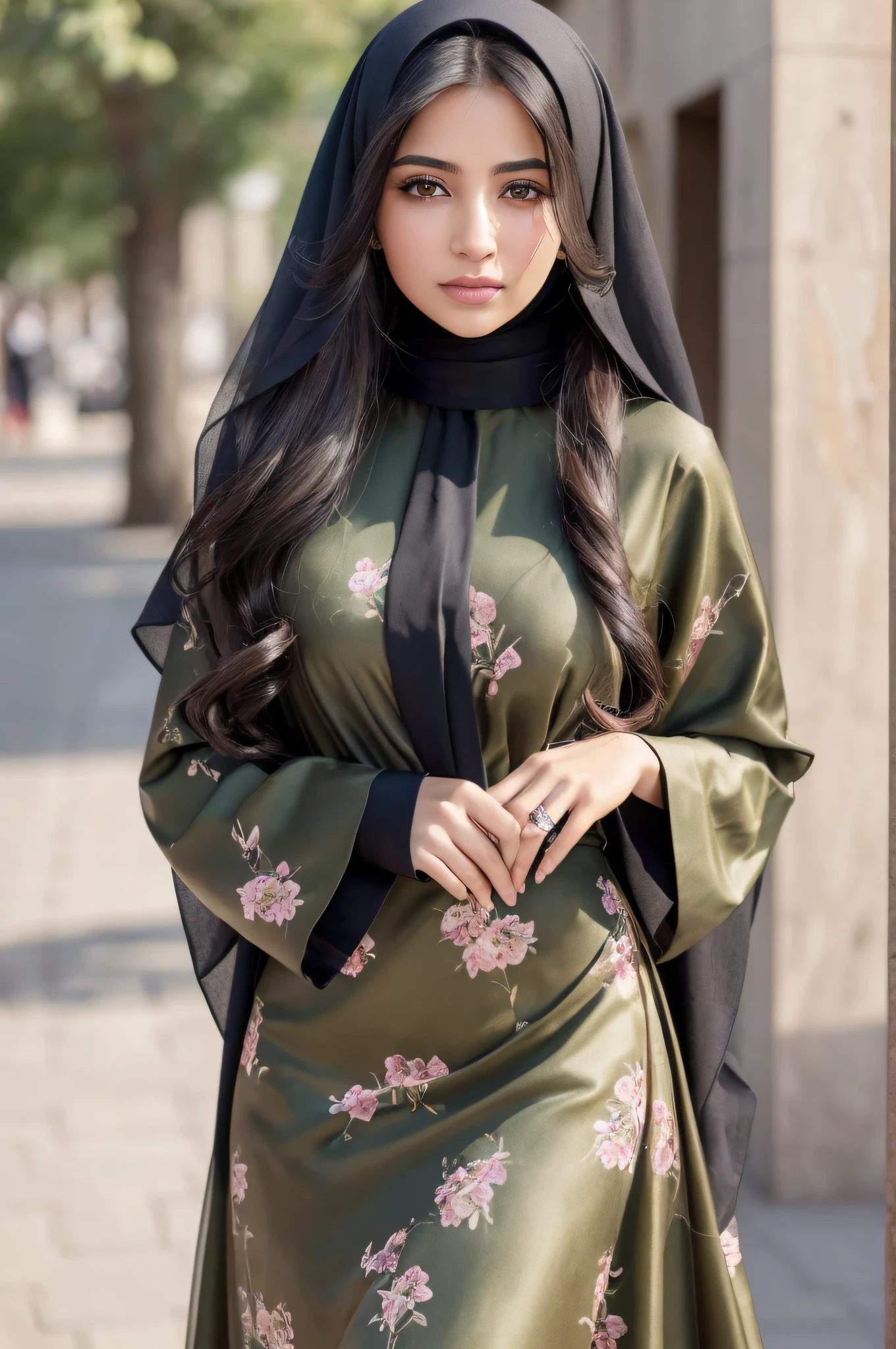 (masterpiece), (portrait), (aesthetic), (beautiful), (upper blody), (high quality), (aesthetic clothings), (professional angle), (rule of thirds), (Feminine), (woman), (female), (beautiful),(feminine features), (25 years), solo, 1 woman, (attractive Iranian), Spring, Soft light, (Standing), Natural Makeup, (Medium bust), ((holding a Flower Bouquet)), (Front face), (Graceful expression), ((Romantic)), Hijab, ((Long hair)), (Black hair), (Wavy hair), (Silky hair), Glossy shine hair, (Hairpin in hair), (Brown eyes), (Elegant look), (Olive skin), (Floral clothing), (Abaya), (Dress), (Skirt), V-neck neckline), ((Urban background)), (- in background), (Medium Shot shot), beautiful hands, two hands, normal hands, two arms, complete hands, beautiful body, beautiful fingers, normal fingers, five fingers, five fingers, (Thumb index meddle ring little fingers), beautiful ears, normal ears, beautiful eyes, shiny eyes, beautiful mouth, beautiful lips,