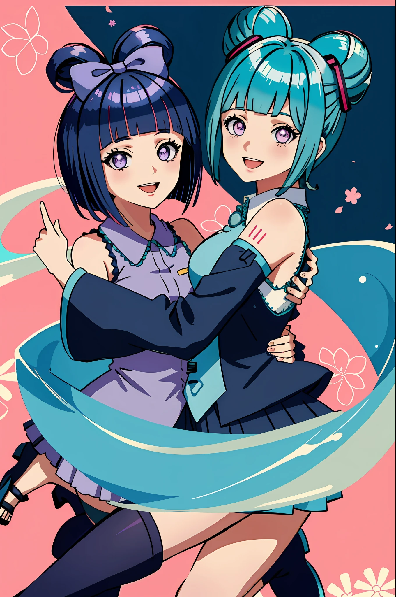 cinnamiku, short hair, upper body, smile, blush, :D, posing, full body, floral background, (blunt bangs:1.3), (dark blue hair:1.3), purple eyes, hinata/(boruto/)