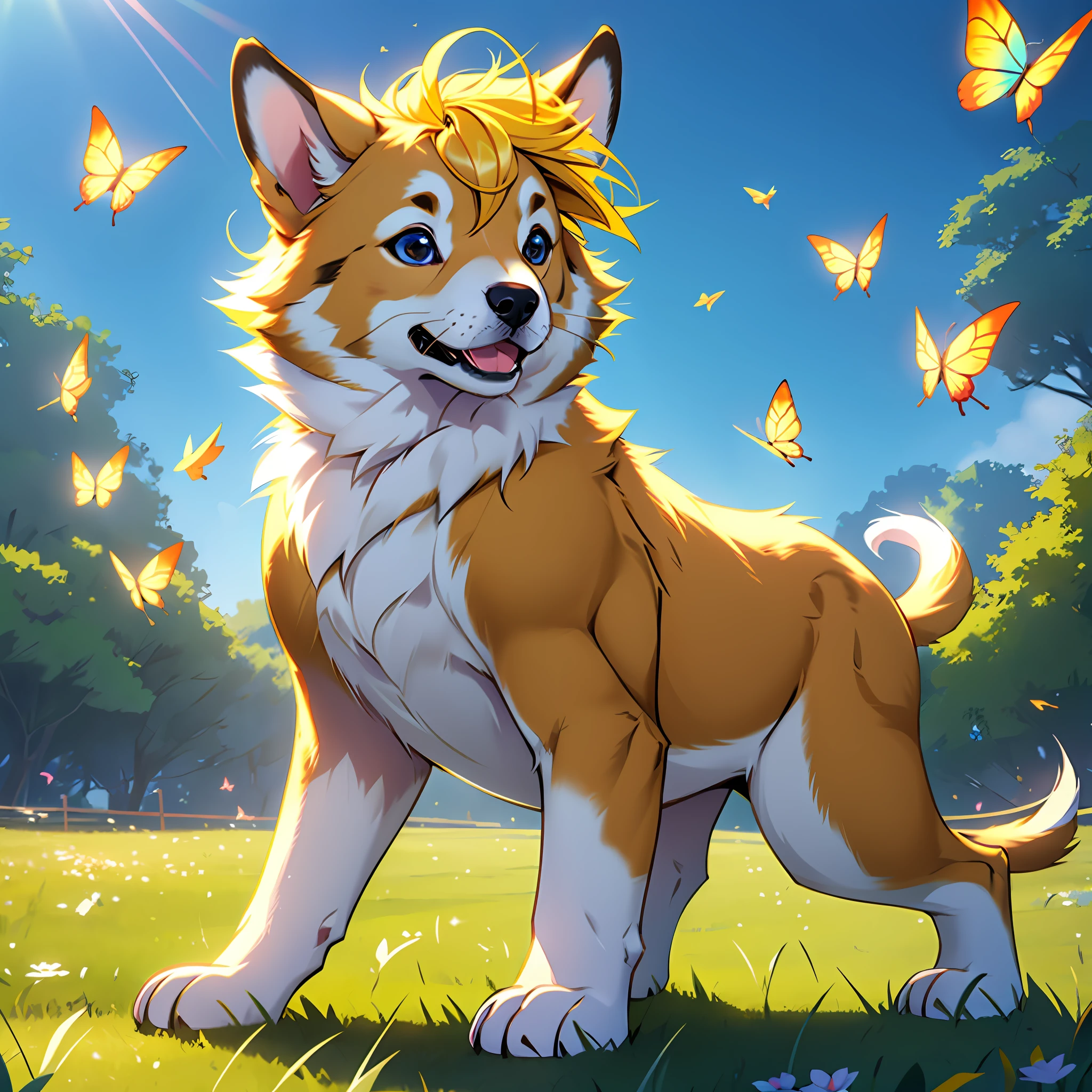 Masterpiece, best quality, 8k resolution, cinematic lighting effects, a cute puppy, solo, yellow hair, grass, happy, wagging tail, facing the audience, there are several butterflies