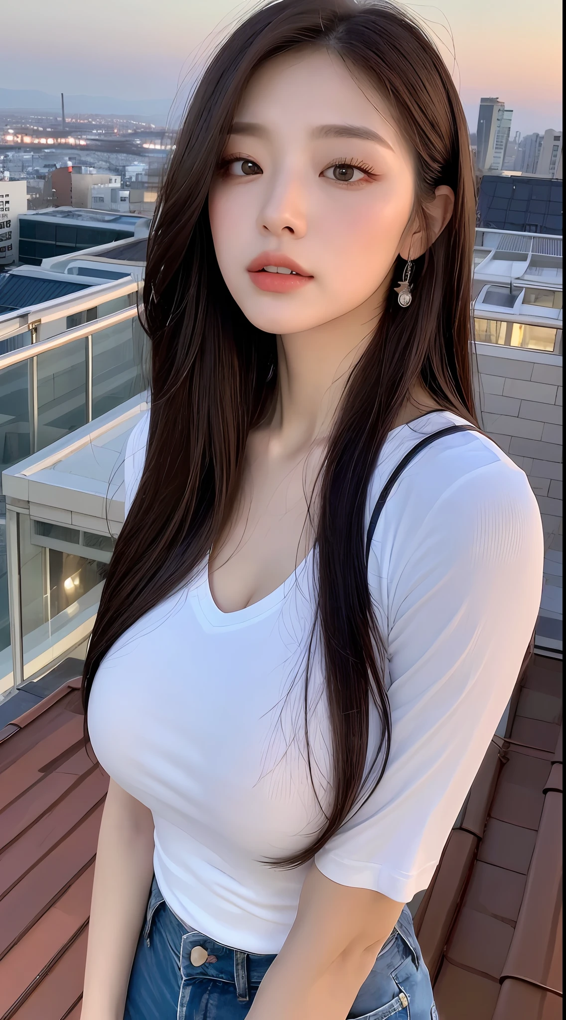((Midnight, Best quality, 8k, Masterpiece :1.3)), Whole body, Long legs, Sharp focus :1.2, A pretty woman with perfect figure :1.4, Slender abs :1.1, ((Dark brown hair,Gigantic breasts :1.2)), (White tight tshirt, Jean bib, Standing:1.2), ((Night city view, Rooftop:1.3)), Highly detailed face and skin texture, Detailed eyes, Double eyelid