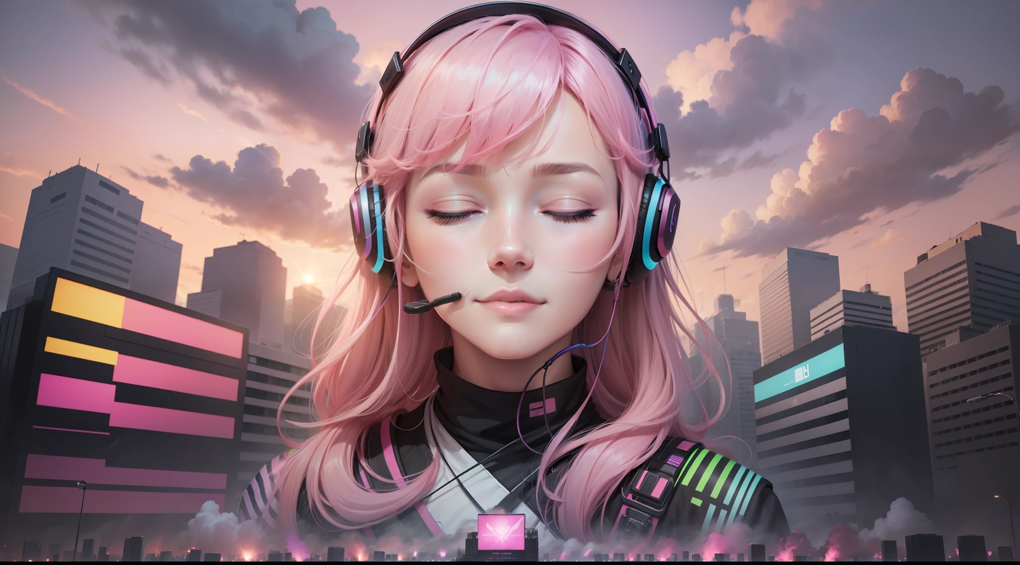 Woman with peace sense headset, closed eyes, beautiful face, RGB colors, anime pink hair, banner for youtube video, happy girl, clouds with RGB colors., bright RGB colors.