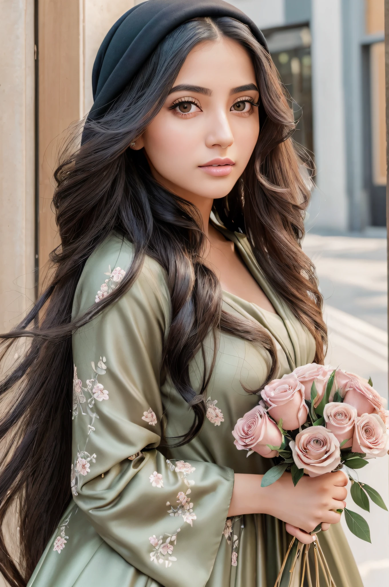 (masterpiece), (portrait), (aesthetic), (beautiful), (upper blody), (high quality), (aesthetic clothings), (professional angle), (rule of thirds), (Feminine), (woman), (female), (beautiful),(feminine features), (25 years), solo, 1 woman, (attractive Iranian), Spring, Soft light, (Standing), Natural Makeup, (Medium bust), ((holding a Flower Bouquet)), (Front face), (Graceful expression), ((Romantic)), Hijab, ((Long hair)), (Black hair), (Wavy hair), (Silky hair), Glossy shine hair, (Hairpin in hair), (Brown eyes), (Elegant look), (Olive skin), (Floral clothing), (Abaya), (Dress), (Skirt), V-neck neckline), ((Urban background)), (- in background), (Medium Shot shot), beautiful hands, two hands, normal hands, two arms, complete hands, beautiful body, beautiful fingers, normal fingers, five fingers, five fingers, (Thumb index meddle ring little fingers), beautiful ears, normal ears, beautiful eyes, shiny eyes, beautiful mouth, beautiful lips,