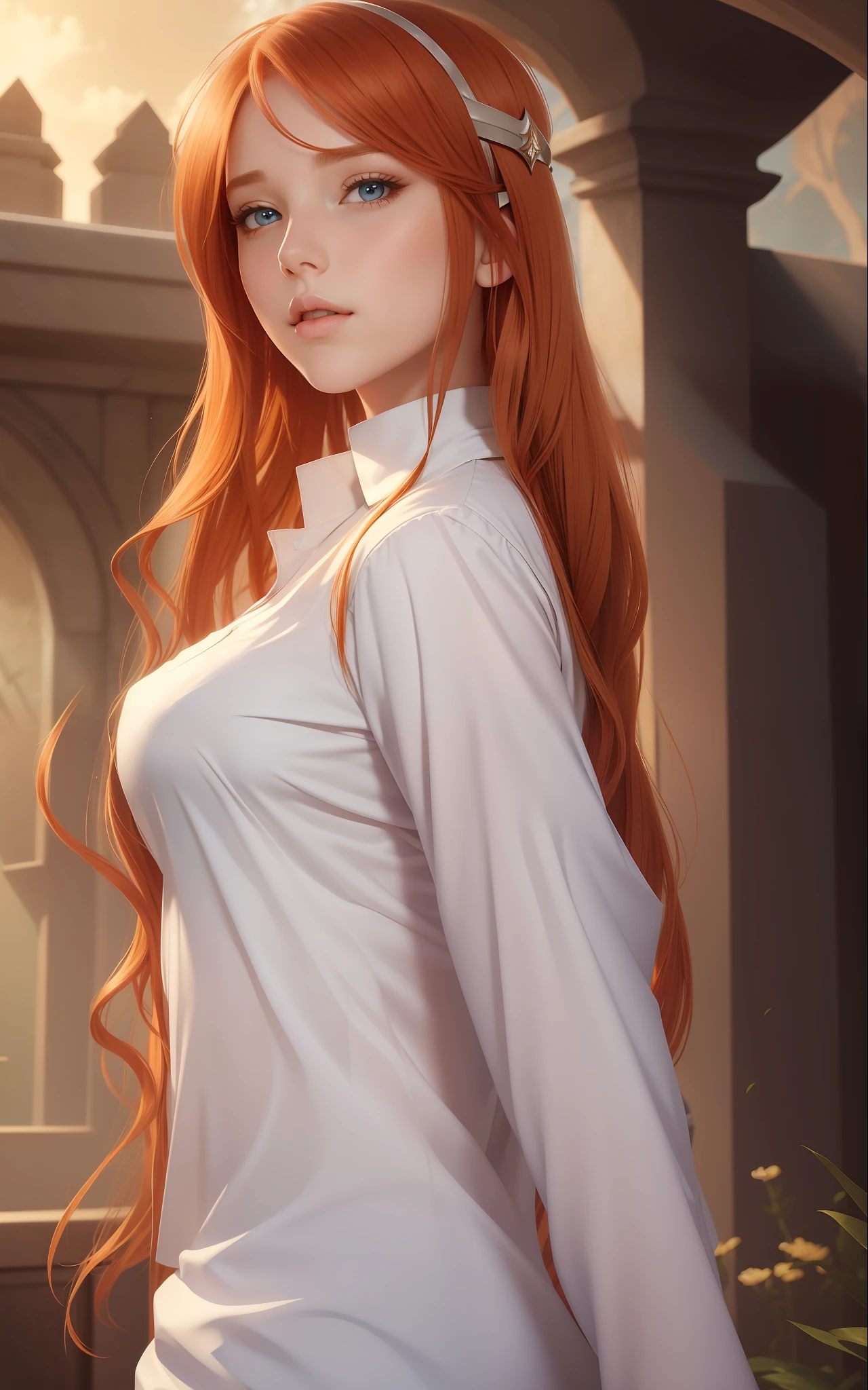 A beautiful girl, long ginger hair, white shirt, fantasy art