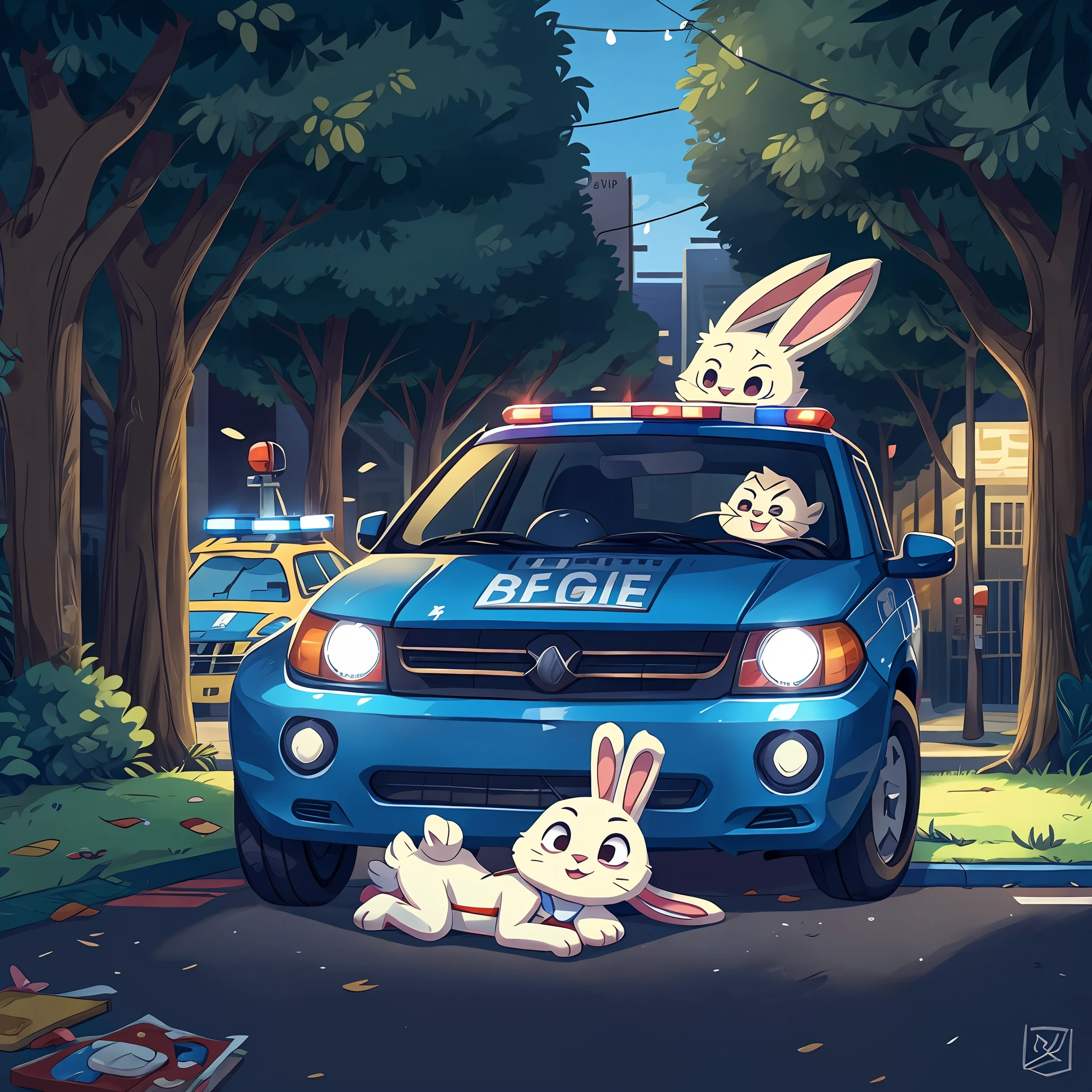 Anime illustration, stick figure style, a police car parked on the street, a white (((cartoon rabbit))) lying in front of the front of the police car pretending to be dead