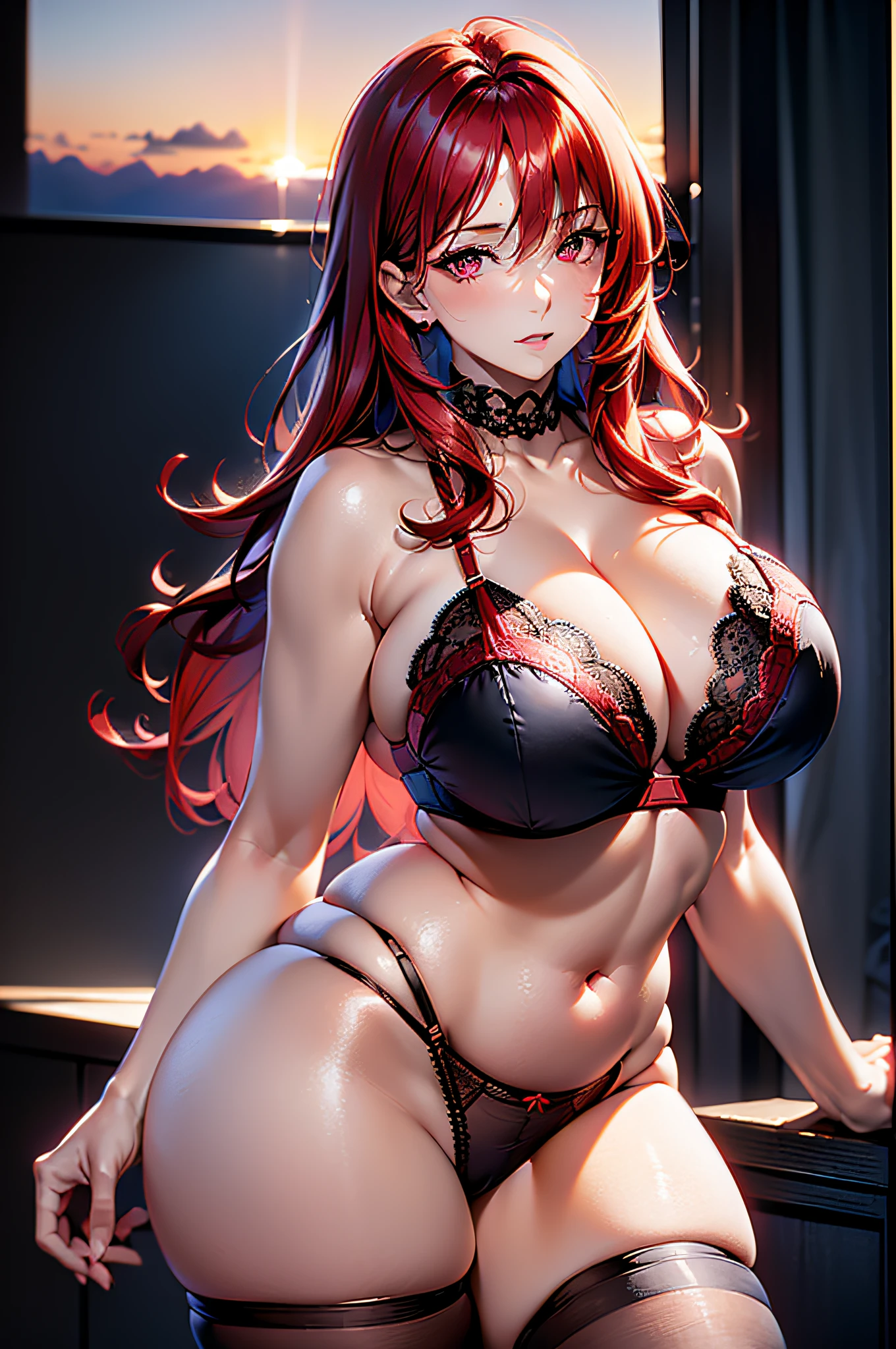 1 woman, mature, massive chest, lace panties, seductive, glamorous, soft light, engaging expression, light background, beautiful sunset. red hair, tights, black underwear, (black bra:1.1),(black panties:1.1),(red dyed hair:1.1), red tinted hair, red tinted hair,red pupils,chubby body shape,perfectly round breast,perfectly round butt,perfectly round chest,fat chest