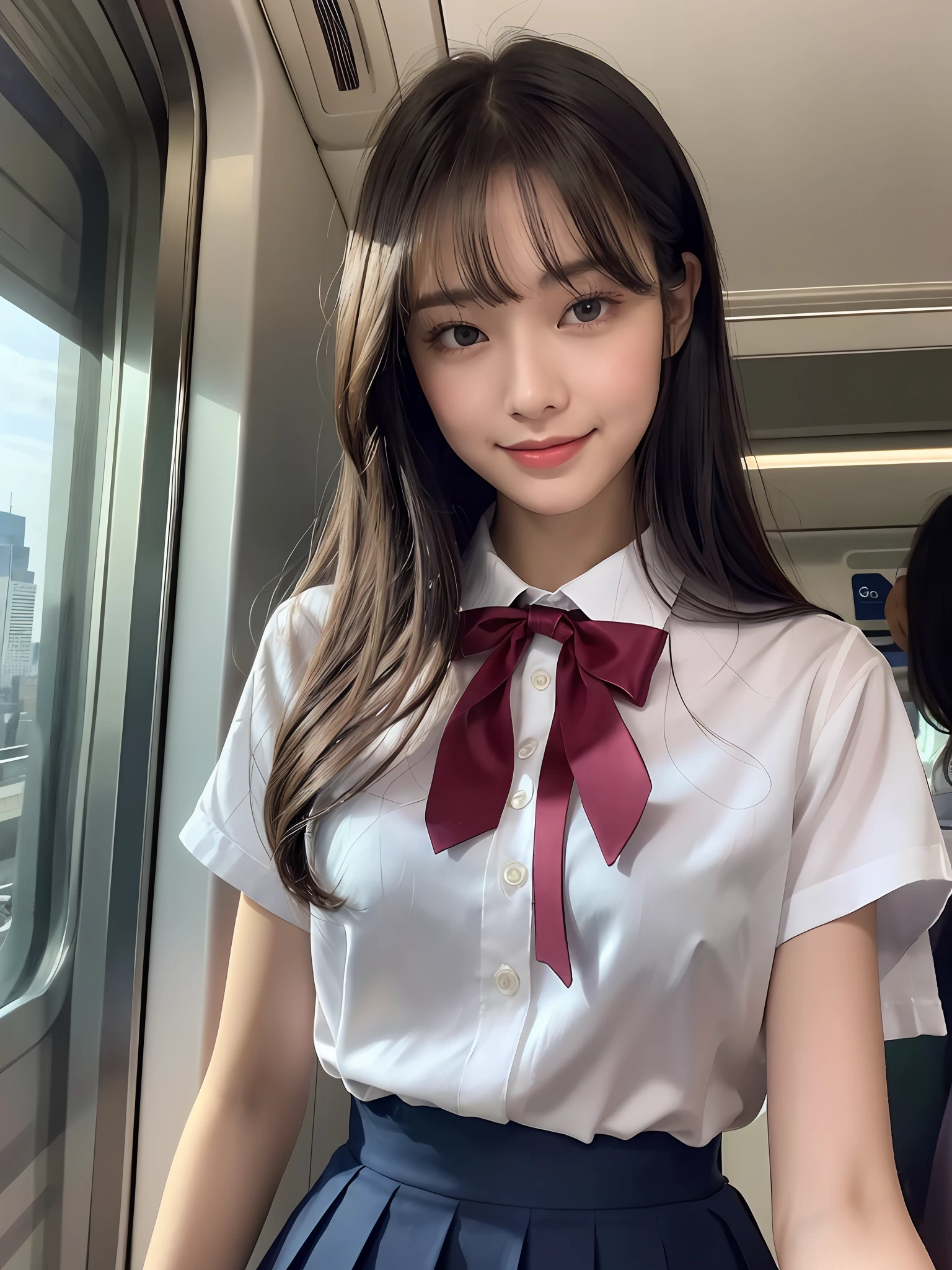 masterpiece, close up shot of a face, front view, 1 woman per 1 photo, a Japanese young pretty woman, hyper pretty face, 18 years old, staring at a city view on the train while carrying a tote bag on her shoulder, big smile, glamorous figure, wearing a short sleeves silky white collared shirt with shiny satin red plain bow tie, wearing a dark blue pleated long skirt, glossy lips, double eyelids in both eyes, natural makeup, long eyelashes, shiny smooth light brown hair of medium length, asymmetrical bangs, tanned skin, wearing a dark blue pleated skirt, head in the frame, central image, 8K resolution, high detail, detailed hairstyle, Detailed Face, spectacular cinematic lighting, octane rendering, vibrant, hyper realistic, perfect limbs, perfect anatomy