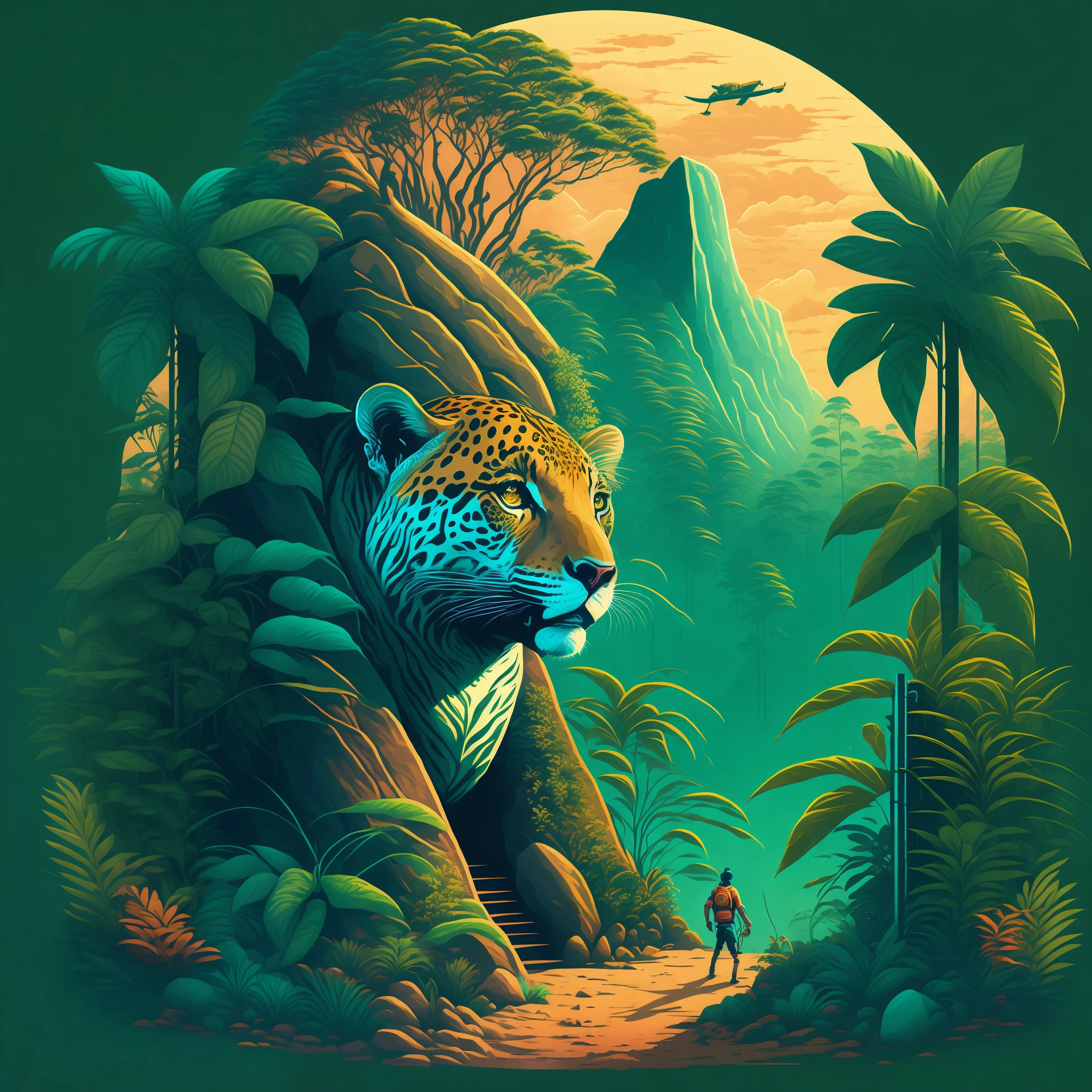 The Amazon rainforest in a well-fenced landscape, a home climbing a large boulder with its bouldering equipment, a jaguar, T-shirt design, midjourney, vector art, hydro74