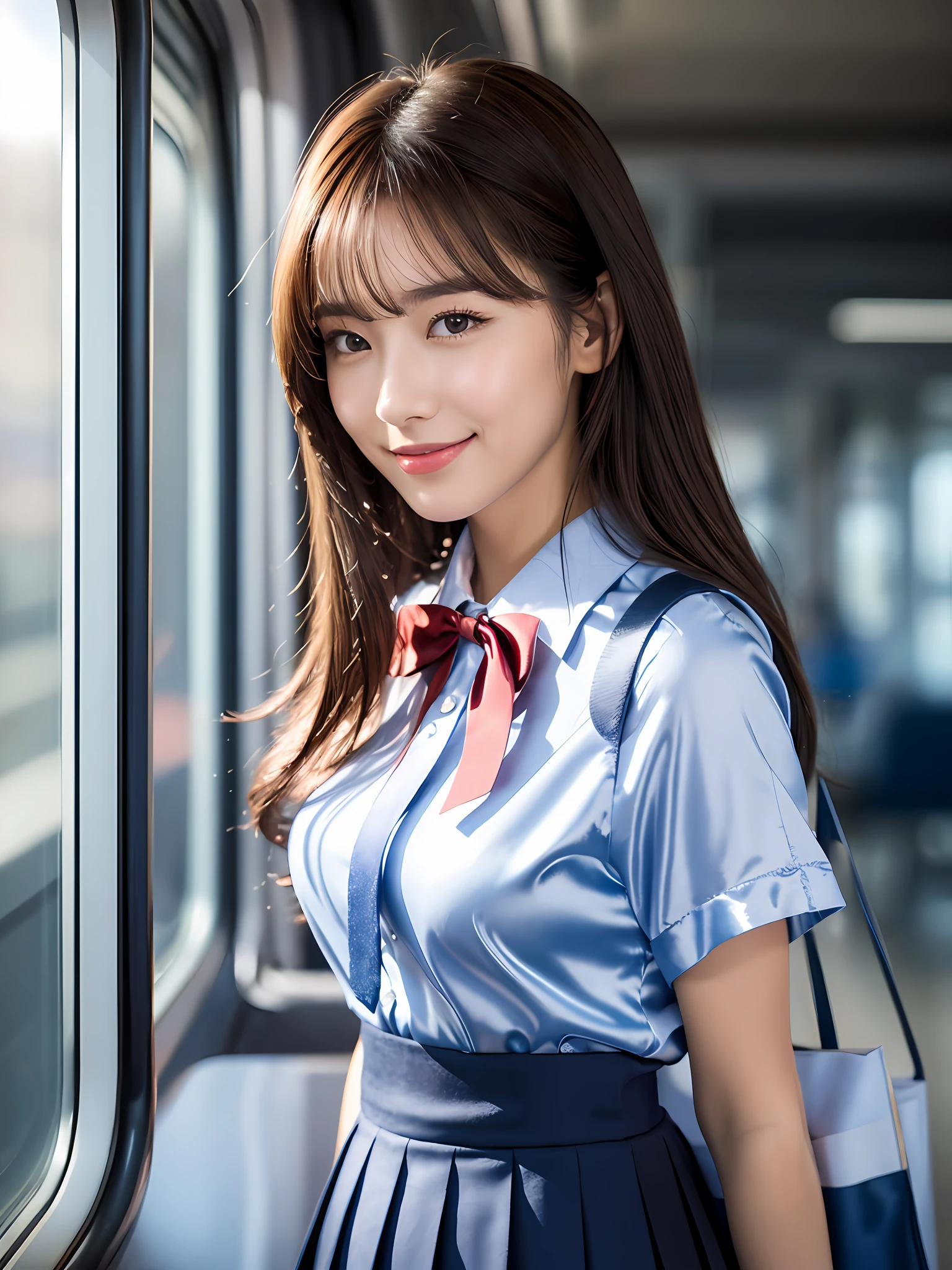 masterpiece, close up shot of a face, diagonally front view, 1 woman per 1 photo, a Japanese young pretty woman, hyper pretty face, 18 years old, staring at a city view on the train while carrying a tote bag on her shoulder, big smile, glamorous figure, wearing a short sleeves silky white collared shirt with shiny satin red plain bow tie, wearing a dark blue pleated long skirt, glossy lips, double eyelids in both eyes, natural makeup, long eyelashes, shiny smooth light brown hair of medium length, asymmetrical bangs, tanned skin, wearing a dark blue pleated skirt, head in the frame, central image, 8K resolution, high detail, detailed hairstyle, Detailed Face, spectacular cinematic lighting, octane rendering, vibrant, hyper realistic, perfect limbs, perfect anatomy