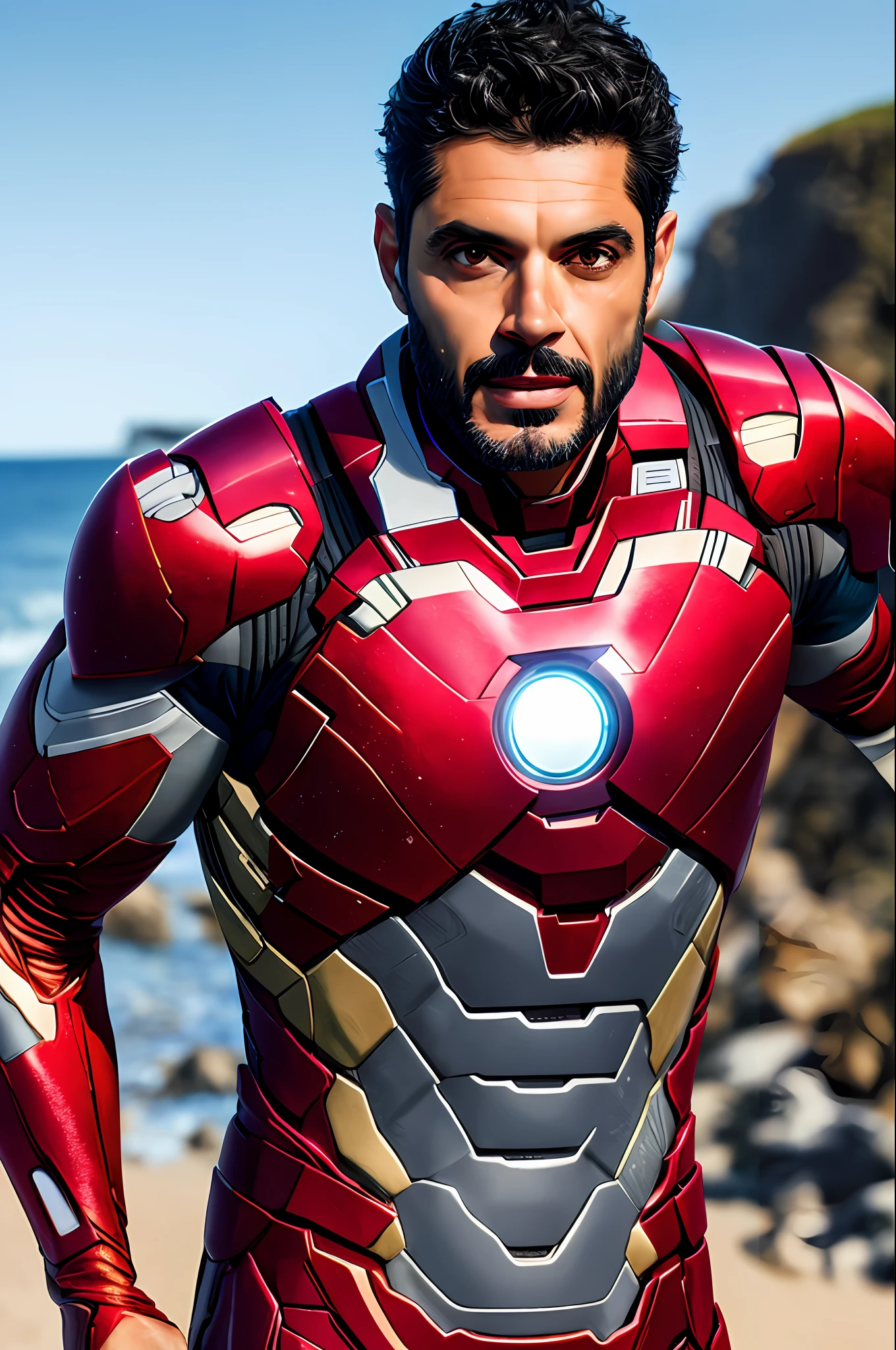 long photo of Abel Ferreira with soft smile, wearing ironman suit, hyper realistic photography, detailed face, on the coast, (highly detailed skin: 1.2), 8k uhd, dslr, soft lighting, high quality, film grain, Fujifilm XT3, natural lighting, subsurface scattering, full body, (extremely detailed CG unit 4k wallpaper)