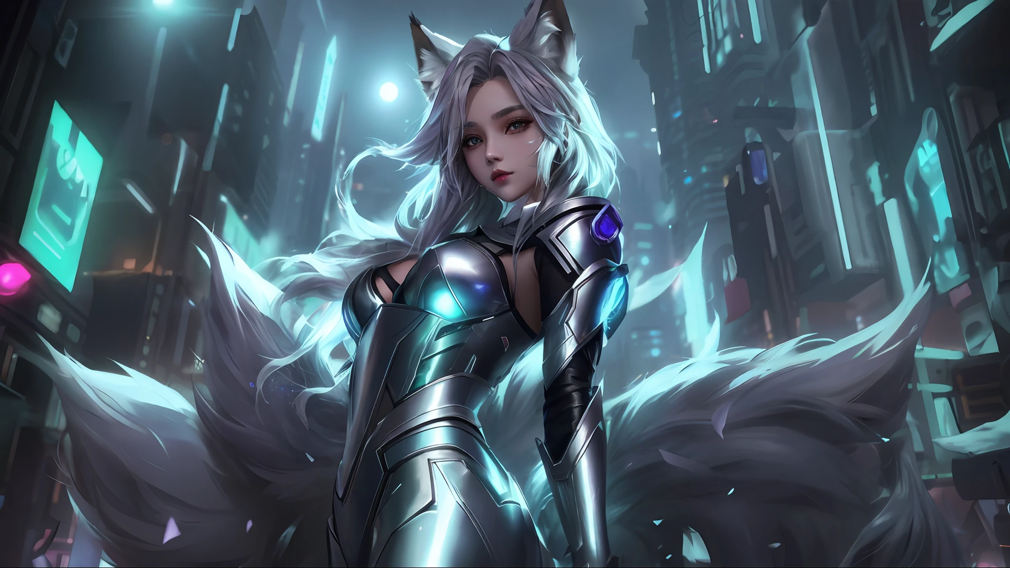 Superb image quality, 8k, masterpiece: 1.3, 1girl, super detailed, inspired by League of Legends' Fox, cyberpunk city by night, gray metallic armor, silver hair, silver fox tail