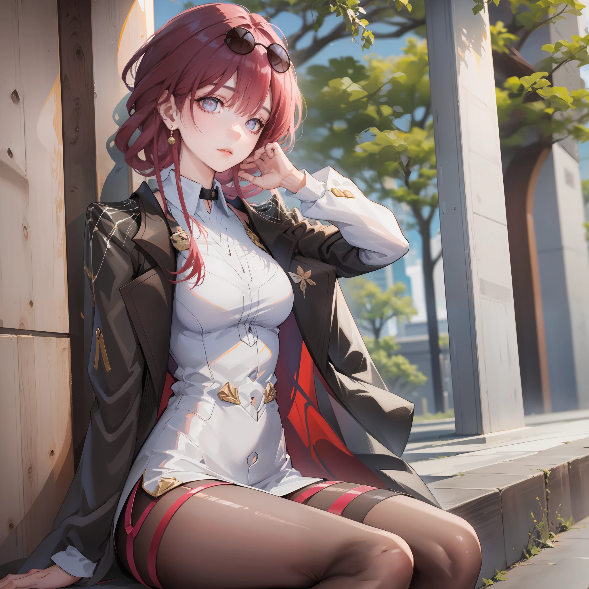 Best Quality, Full Body Portrait, Delicate Face, Beautiful Face, 25 Year Old Woman, Slim Figure, Large Bust, OL Uniform, Office Wear, Black Stockings, Outdoor Scene, Seated, (Masterpiece), (Best Quality), Perfect Figure, Ultra Detailed, Detailed Face, Girl, Best Quality