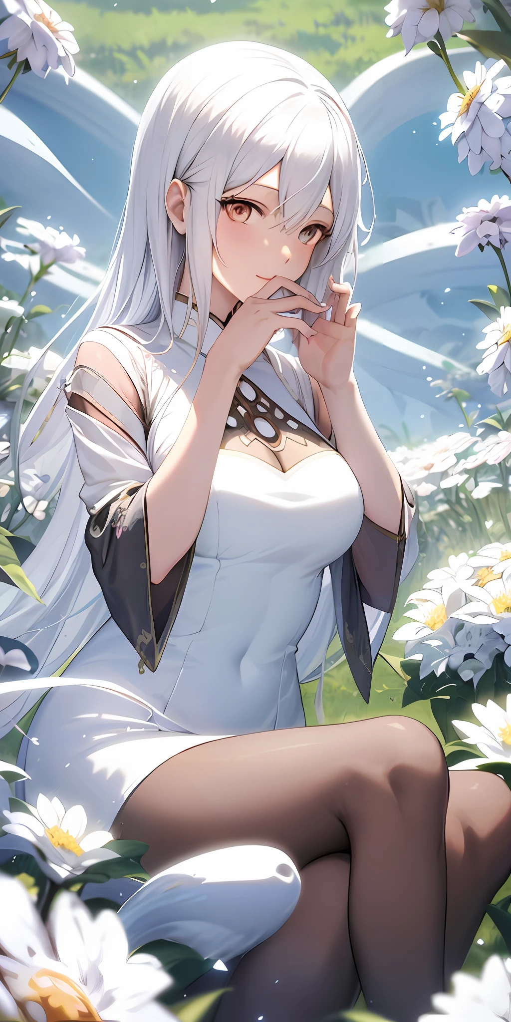 anime girl in white dress sitting in a field of flowers, white haired deity, guweiz on pixiv artstation, artwork in the style of guweiz, guweiz, guweiz on artstation pixiv, detailed digital anime art, loish and wlop, clean detailed anime art, flowing white hair, white dress!! of silver hair