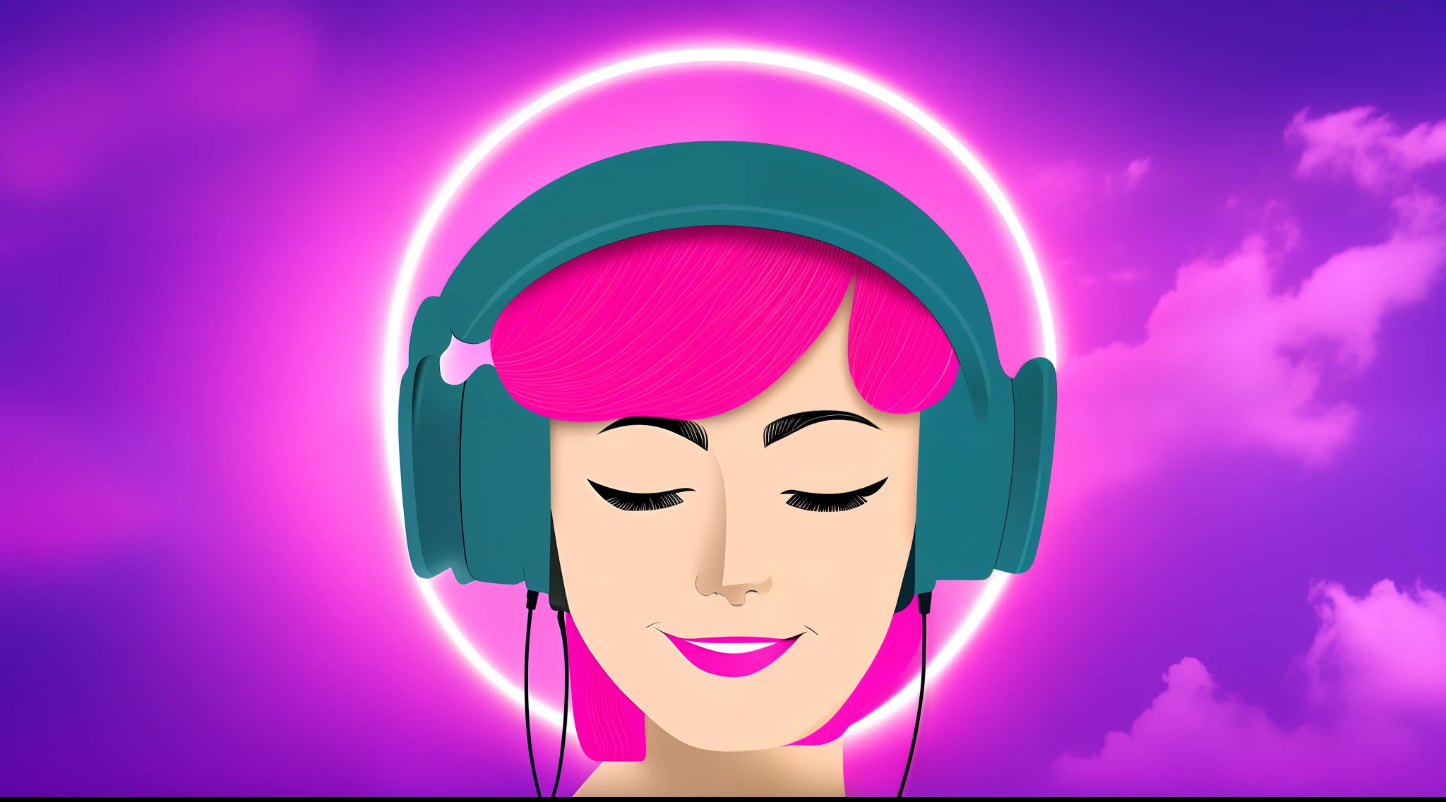 Woman with peace sense headset, closed eyes, beautiful face, RGB colors, anime pink hair, banner for youtube video, happy girl, clouds with RGB colors., bright RGB colors.
