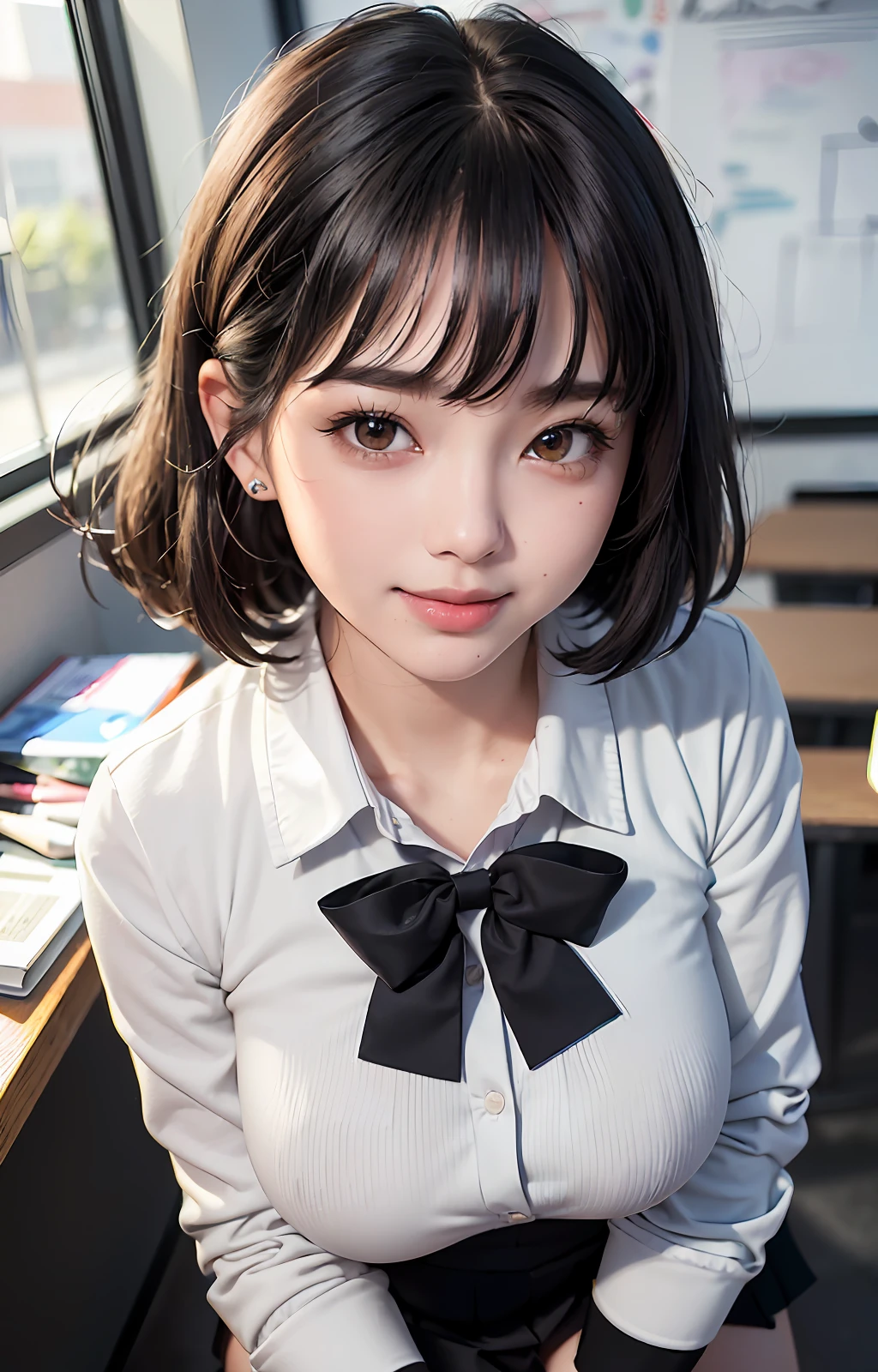 ((8k, RAW photos, top quality, masterpieces), high-definition RAW color photos professional close-up photos, (realistic, photorealism: 1.37), (highest quality), (best shadows), (best illustrations), collarbones ((big)), ((erotic, sexy, ultra high resolution, high-definition CG unified 8K wallpapers, physically based rendering, movie lighting), (aegyo sal:1), 18 year old girl, (grey blazer, ribbon, socks, high school uniform: 1.2), high school classroom, beautiful detail eyes, light on the face, ((full body shot: 1.2)), especially strong light, (upper eyes, grinning smile:1.2),shiny skin, (((black hair, bob hair:1.2))), ( thick thighs), ulzzang-6500-v1.1:0.2, shy, (flash:1.2), NSFW , (puffy), ((seductive posture: 1.2, attractive: 1.2)), (idle), (sitting at a desk in classroom: 1.2)), ((good anatomy: 1.2)), ((bright and refreshing classroom, background blurred: 1.2)), perfect face, cute face, (high angle shot:1.2)
