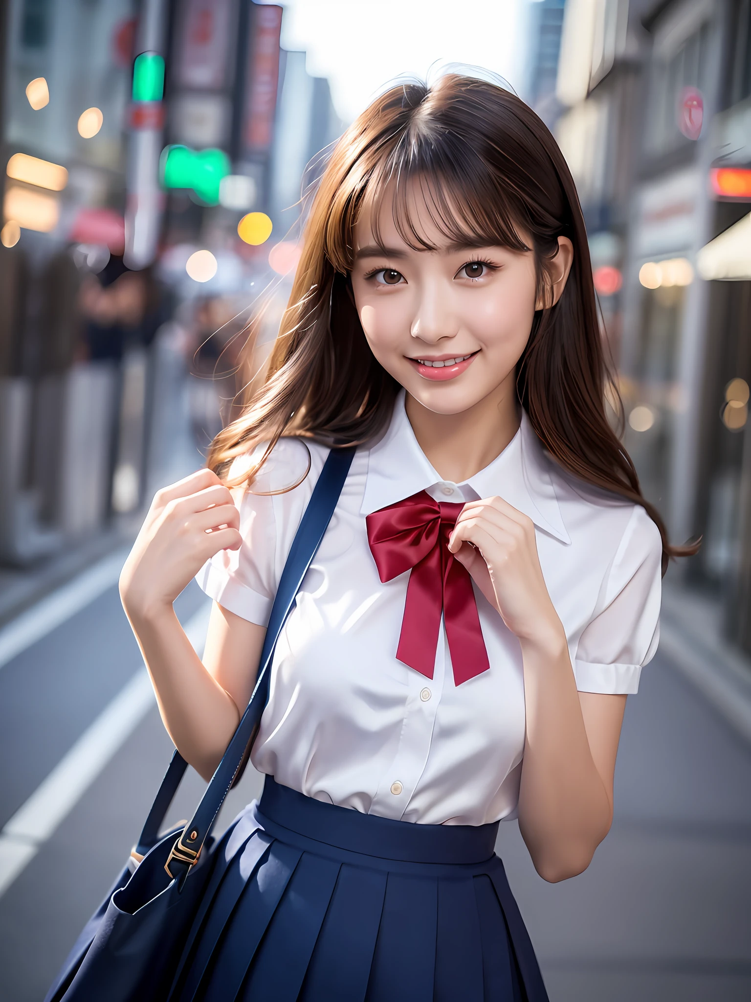 masterpiece, upper body shot, front view, sunset, 1 woman per 1 photo, a Japanese young pretty woman, hyper pretty face, 18 years old, staring at a city view while carrying a tote bag on her shoulder, big smile, glamorous figure, wearing a short sleeves silky white collared shirt with shiny satin red plain bow tie, wearing a navy blue pleated long skirt, glossy lips, double eyelids in both eyes, natural makeup, long eyelashes, shiny smooth light brown hair of medium length, asymmetrical bangs, tanned skin, wearing a dark blue pleated skirt, head in the frame, central image, 8K resolution, high detail, detailed hairstyle, Detailed Face, spectacular cinematic lighting, octane rendering, vibrant, hyper realistic, perfect limbs, perfect anatomy