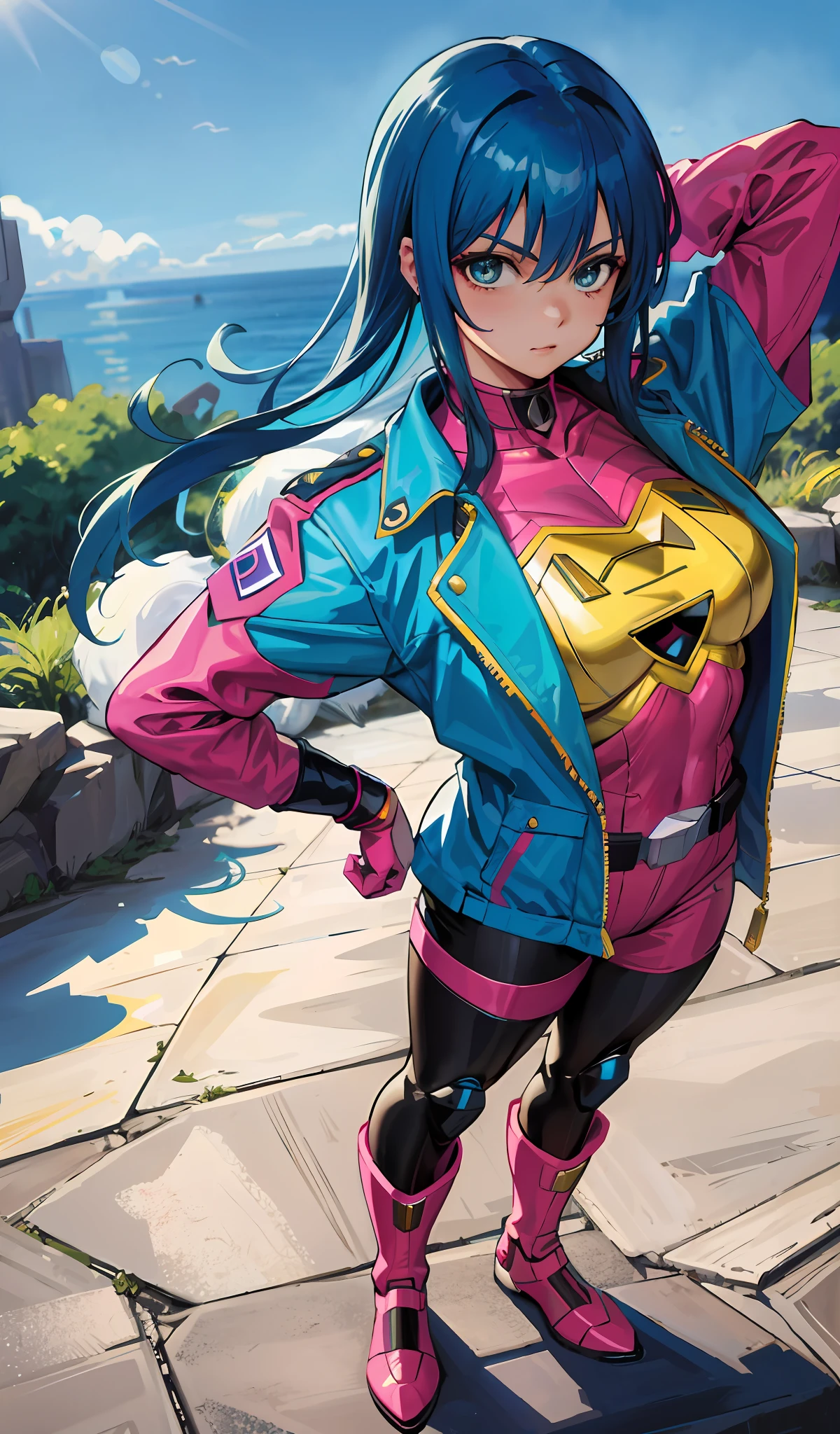 4K, realistic, charismatic, very detailed, there is a girl in the sky, wearing power rangers, she is a power ranger, superhero theme, blue hair, 25 years old, full body