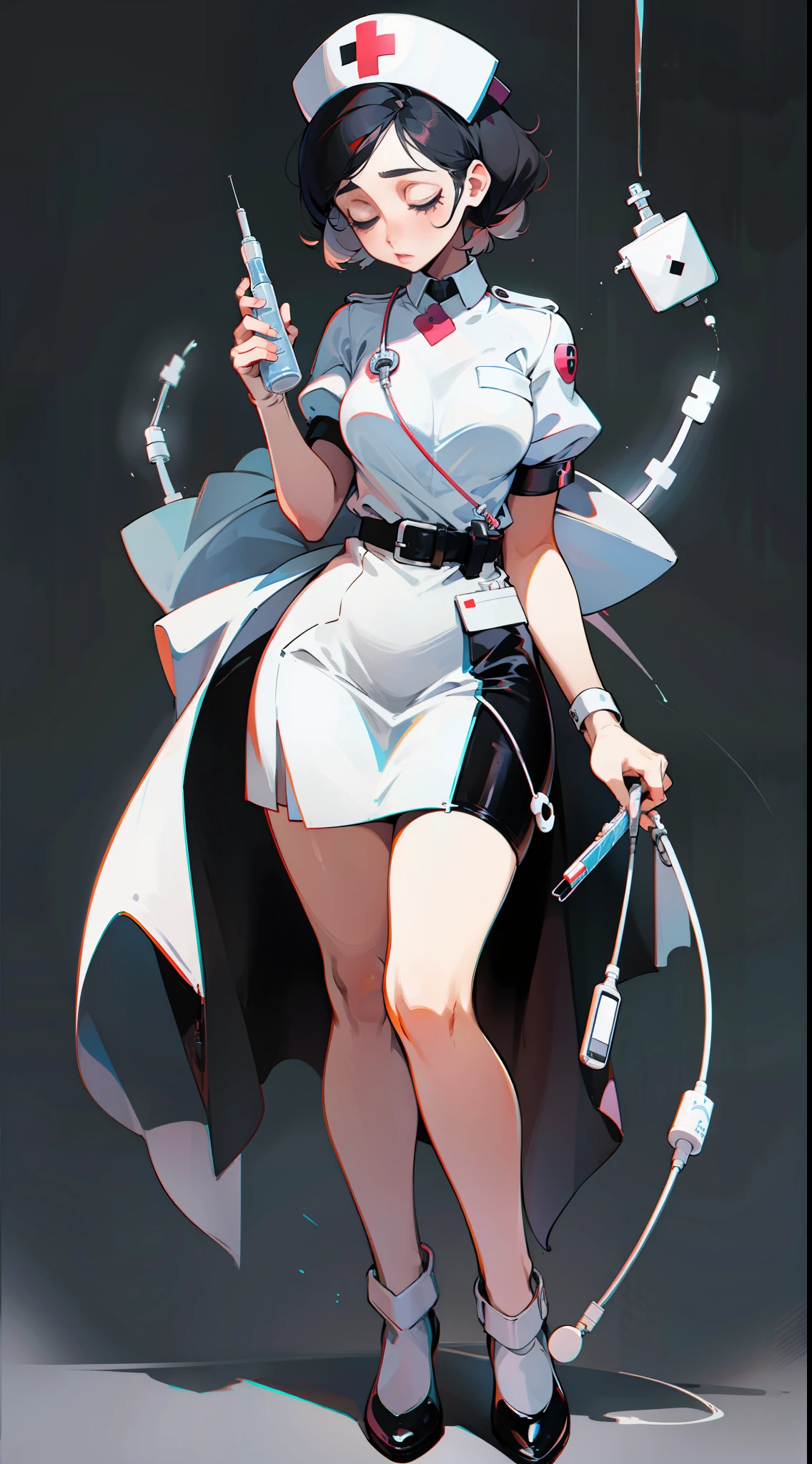 Gentle female nurse, full body, holding a syringe, black background