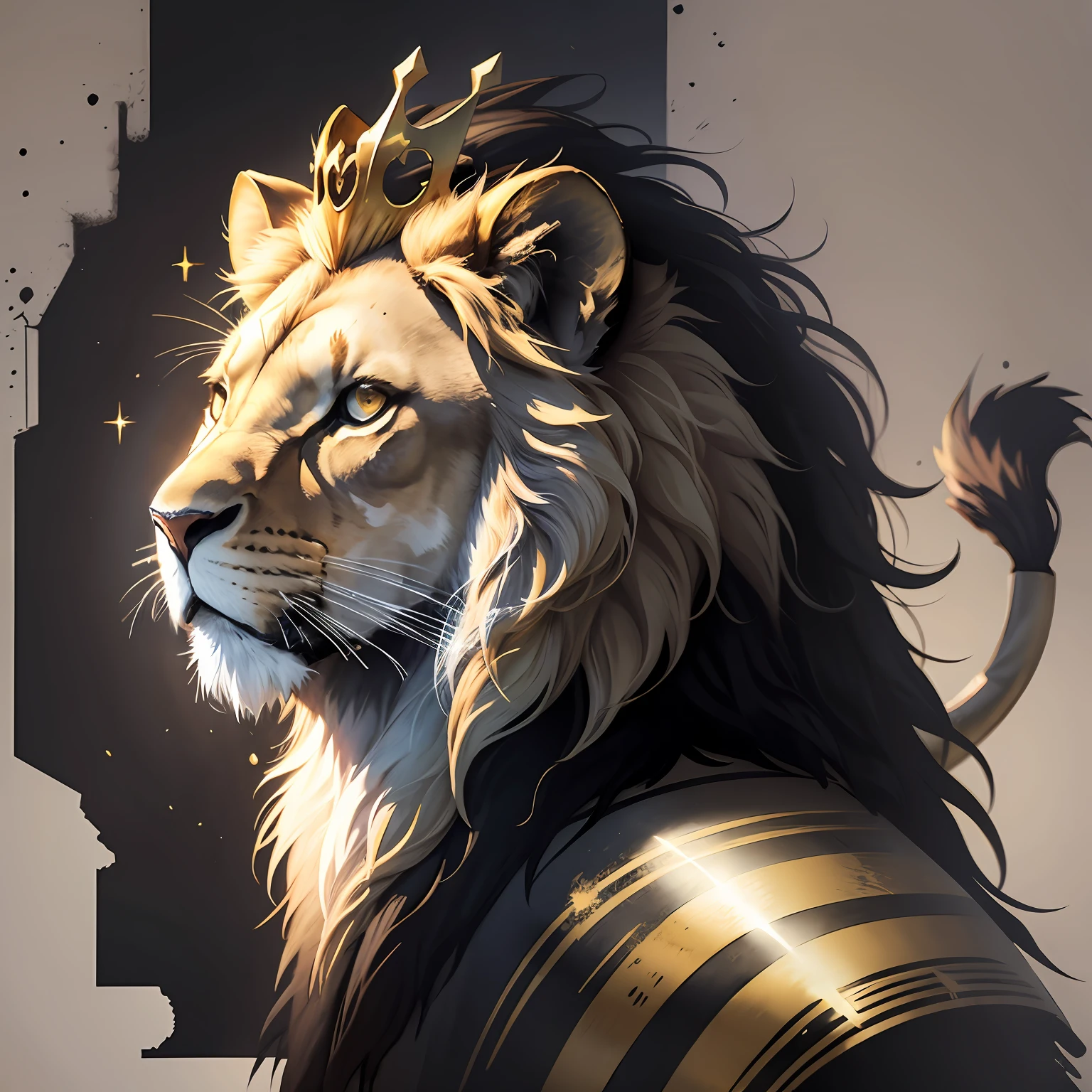Watercolor lion, paint blast, using a golden crown, black background, (black background) 8k, Full HD, realistic --auto --s2