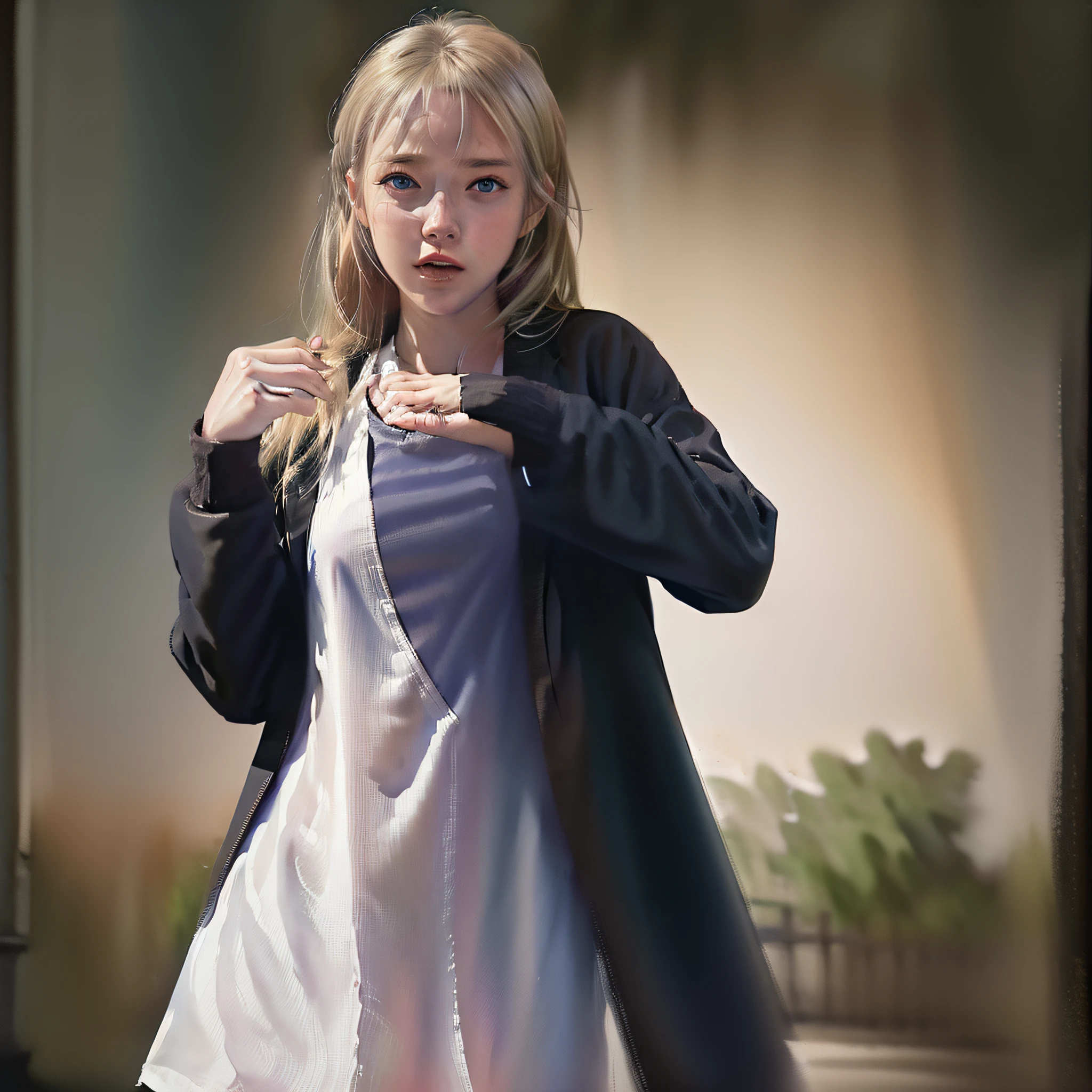 Best quality, masterpiece, ultra high res, (photorealistic:1.4), raw photo, 1girl, blonde hair, blue eyes, detailed eyes and face, black suit, dynamic lighting, in the dark, deep shadow, low key, cowboy shot full-lenght body