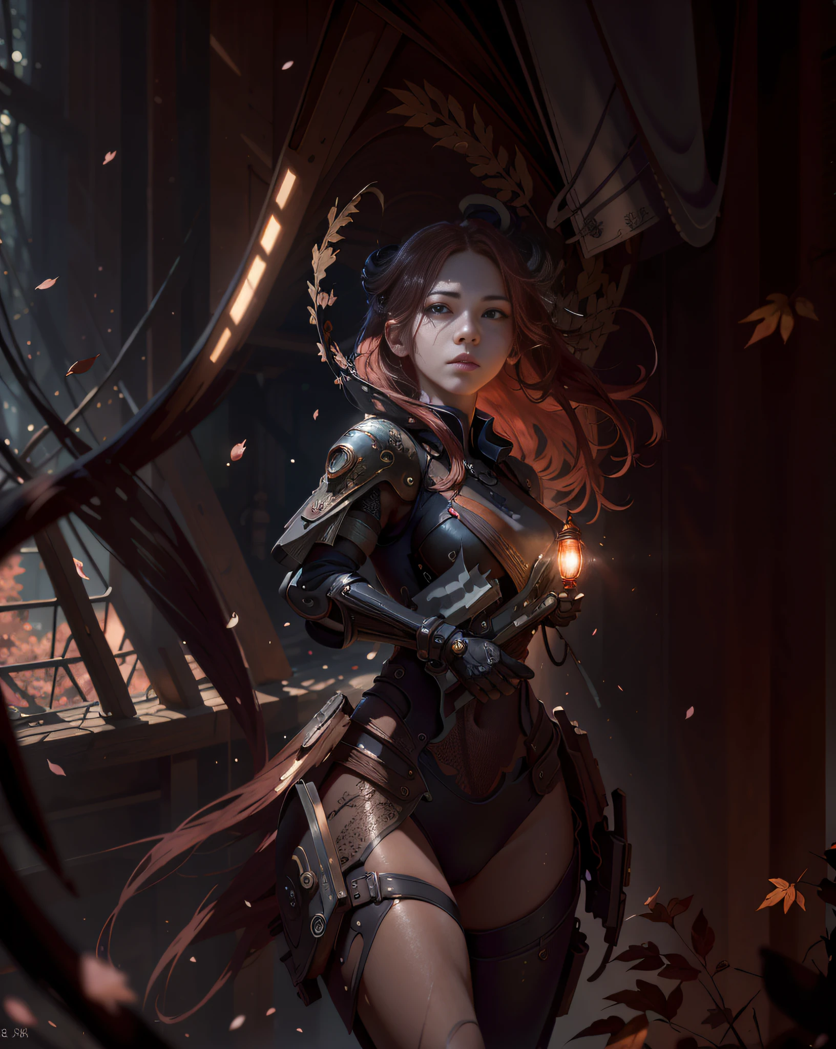 gorgeous, (masterpiece: 1.2), (best quality: 1.2), perfect eyes, perfect face, perfect lighting, ((1 girl)), cyberpunk, armored), long red hair, solo, outdoors, forest, morning, cherry blossoms, (cherry leaves falling), wind, dynamic pose, wide angle, art germ and ruan jia, soft cinematic light, adobe lamp room, photographic lab, HDR, complex, highly detailed, (depth of field: 1.4), (natural skin texture, surrealism, soft, Clear light: 1.2), (dark shot: 1.22), (intricate), (Artstation: 1.2), hyper-detailed, dramatic and intricate detail, (color: 0.9)