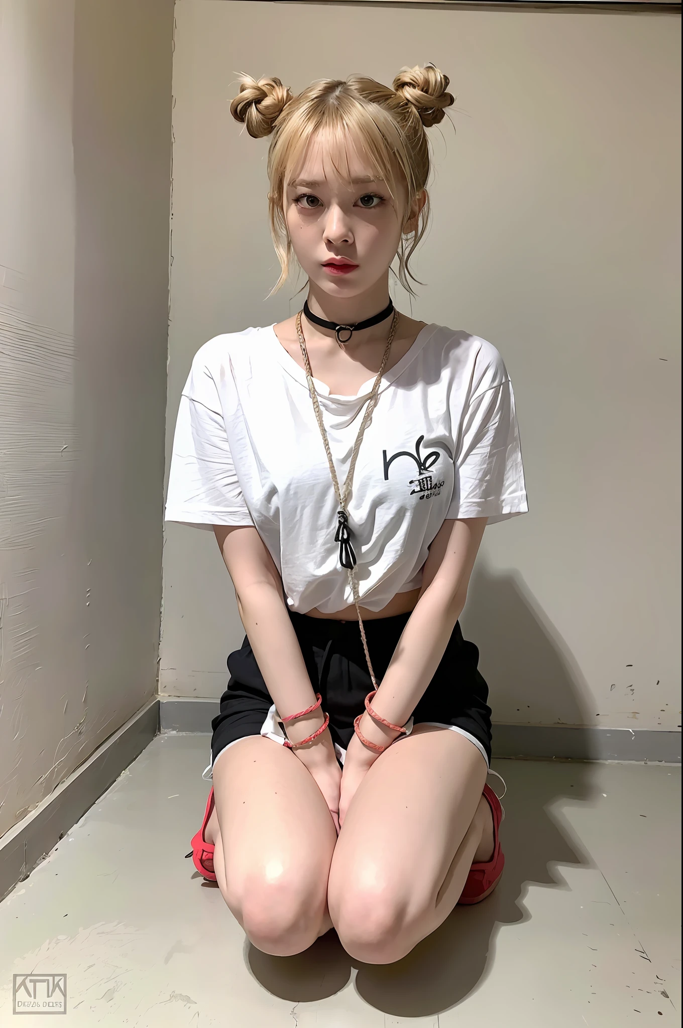 (8k:1.27), best quality, masterpiece, ultra highres:1.2), kidnapped lesbian goth girl with arm tattoos, tattooed girl, full body picture, old black oversized knotted prisoner t-shirt, big t-shirt, short big sleeves, white short sport pants tied with a rope, wearing dirty old goth clothes, dyed yellow blonde hair, short blonde bob hairstyle, back blonde bun, blonde hair bangs, kneeling in a dirty room, handcuffed, hands tied with rope behind body, submissive neck choker and leash in neck, 4k or 8k picture, looking at the floor down very sad, very sad face, paisley bandana ribbon hairband, smelly, barefoot, praying, rope hanging from ceiling
