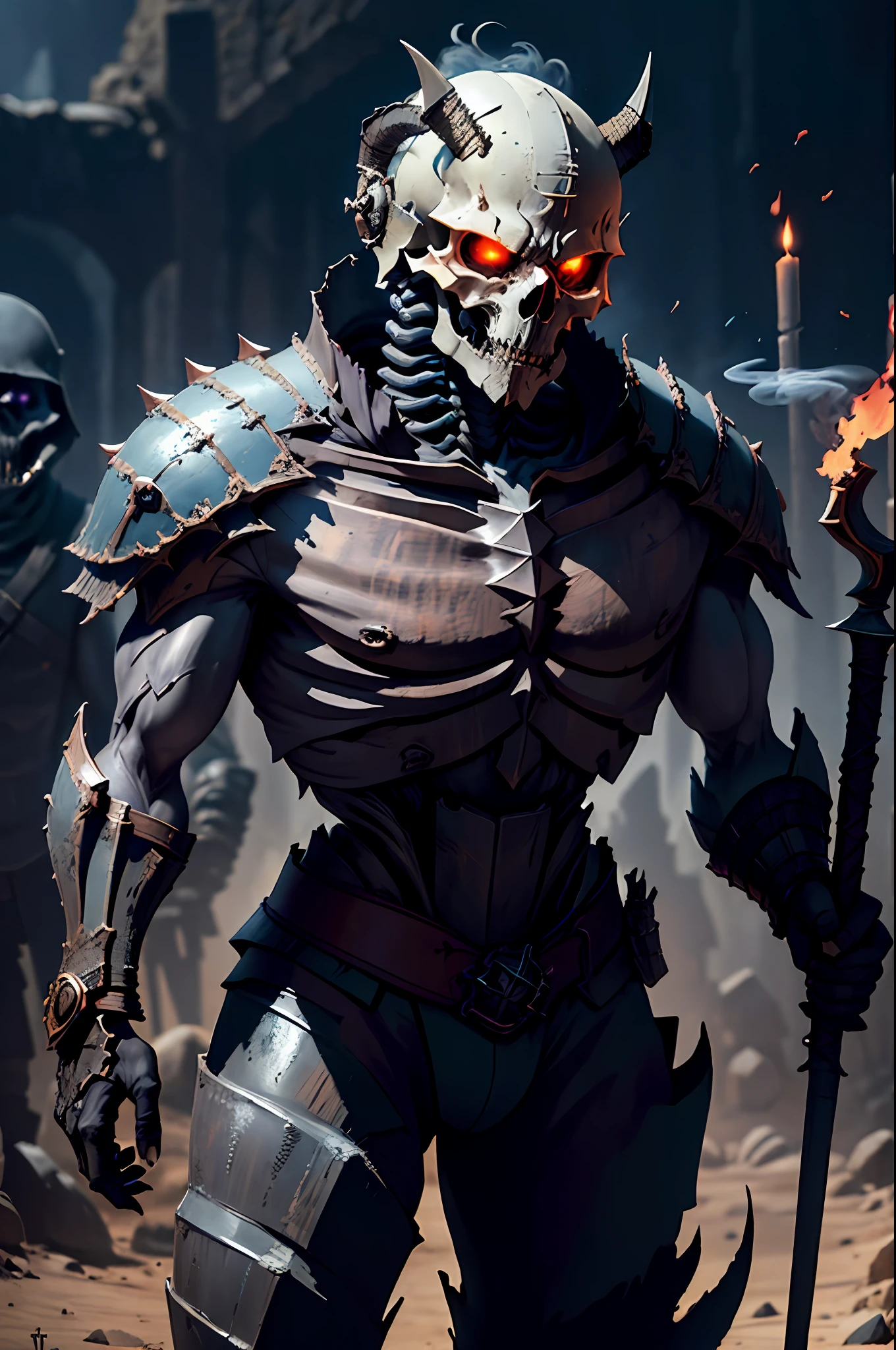 The image depicts a skeleton, an intimidating ancient war helmet. The helmet has a robust design with intricate details and an air of awe. The skeleton is standing, with an erect and imposing posture. He seems to be talking to an infernal soldier.

The infernal soldier is a demonic figure with horns, scaly skin, and glowing eyes. He is wearing dark, sinister armor, with a sword or spear gripped in one hand. The hell soldier is also on his feet, testing the skeleton with a determined expression.

The scene takes place in a dark and gloomy environment, such as a desolate battlefield or a hellish realm. There may be additional elements such as smoke, flames or debris to create a more dramatic and intense atmosphere.