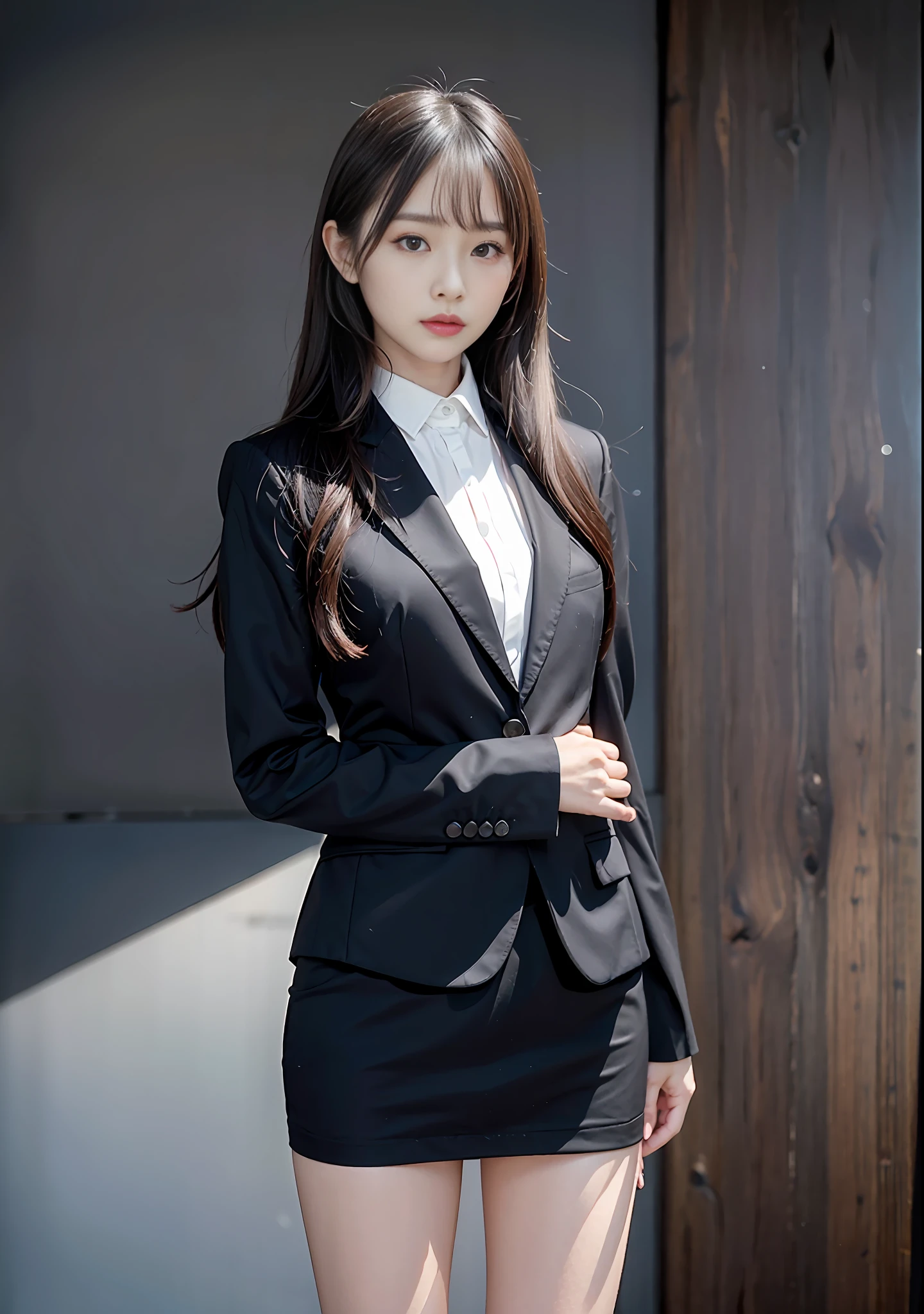1 Girl, (Watch Viewer), (Bokeh: 1.1), Parted Lips, Expressionless, Realistic, Black Tight Mini Skirt,
business suit, OL, thin thighs, small buttocks, beautiful legs, delicate, Japan fashion model, thin face,
Best quality, (photorealistic: 1.4), ultra high resolution, big mini skirt, black suit and tie woman, suit girl, suit girl, strict business suit wearing, business suit wearing, business suit wearing, black business suit wearing, Japan woman fashion model, black business suit wearing, fashion suit wearing black suit wearing black noble suit, Business suit wearing, black slim clothes, woman posing for photo, beautiful Japan girl face, asian beautiful face, young cute one asian face, beautiful asian girl, girl cute little face, beautiful young korean woman, Japan facial features, young adorable korean face, gorgeous young korean woman, young asian girl, beautiful korean woman, Beautiful asian young woman, standing facing forward, composition visible from above knees to head, knees visible, camera gaze, standing, full body shot, hyperrealistic, front shot full body, bare feet, (face only LoRA applied, bare feet)