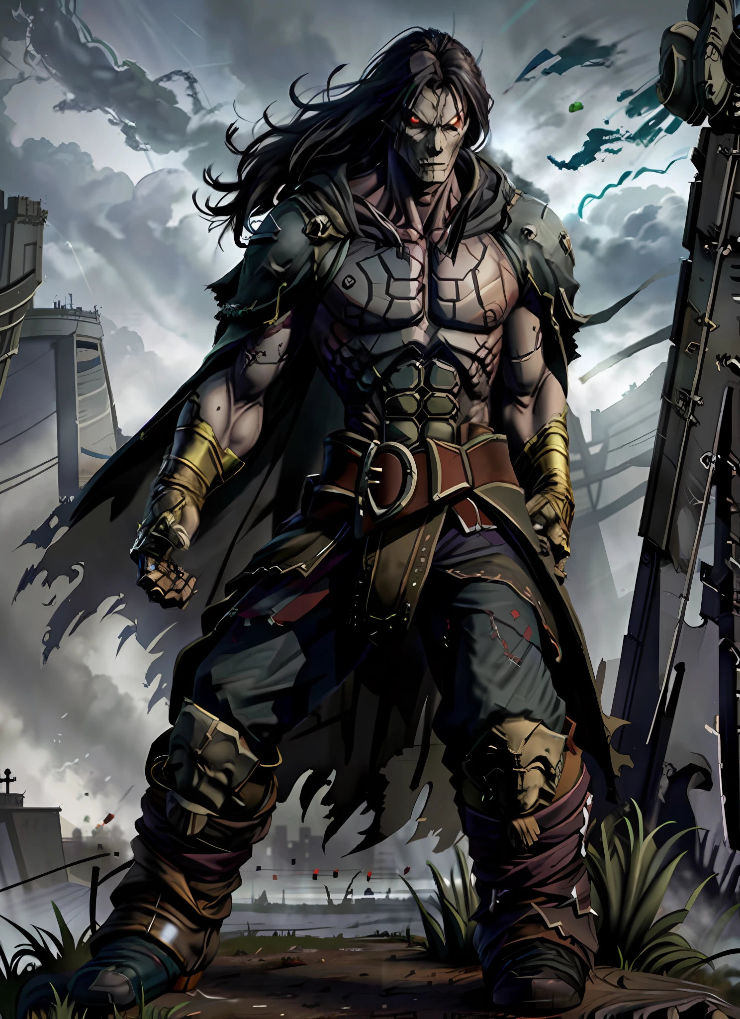 1boy, thedeath standing in dark, skulls, windblown cloak, boots, glowing scar, multiple belts, glowing eyes, muscular, medieval city ruins, volumetric lighting, best quality, masterpiece, realistic,