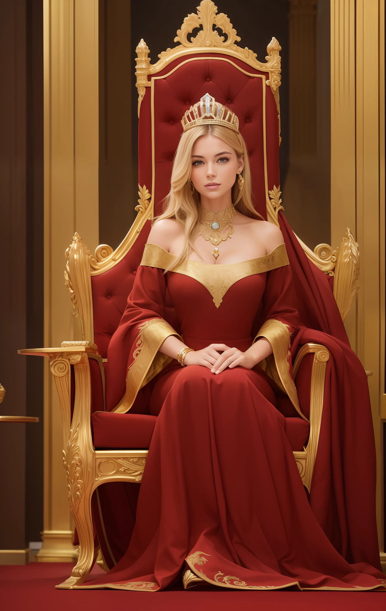 Picture of a French woman. Fit face. 22 years old, Sharp chin, photography, raw photo, masterpiece, extremely detailed photo, DSLR, photorealistic 1.4, ultra hi res, best quality, full body picture, tall, toned, busty, long blonde hair, crystal tiara, silver jewelry, ornate ballgown, sitting in golden throne, massive golden throne room, red carpet